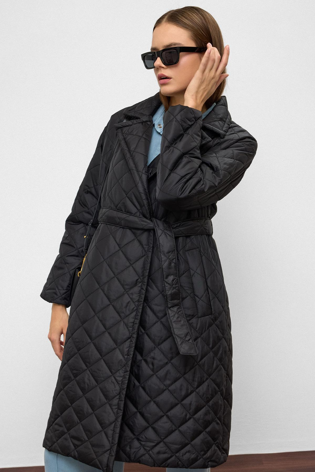 معطف مبطن مزدوج الصدر مع قفل كبس وربطة خصر أسود 6786