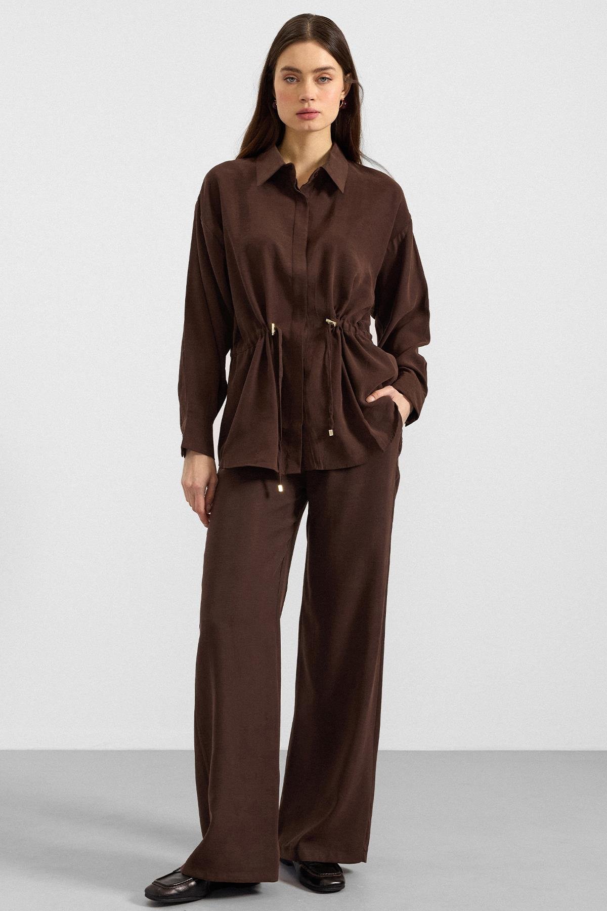 Belden Büzgülü Salaş Model Gömlek KAHVE 9413