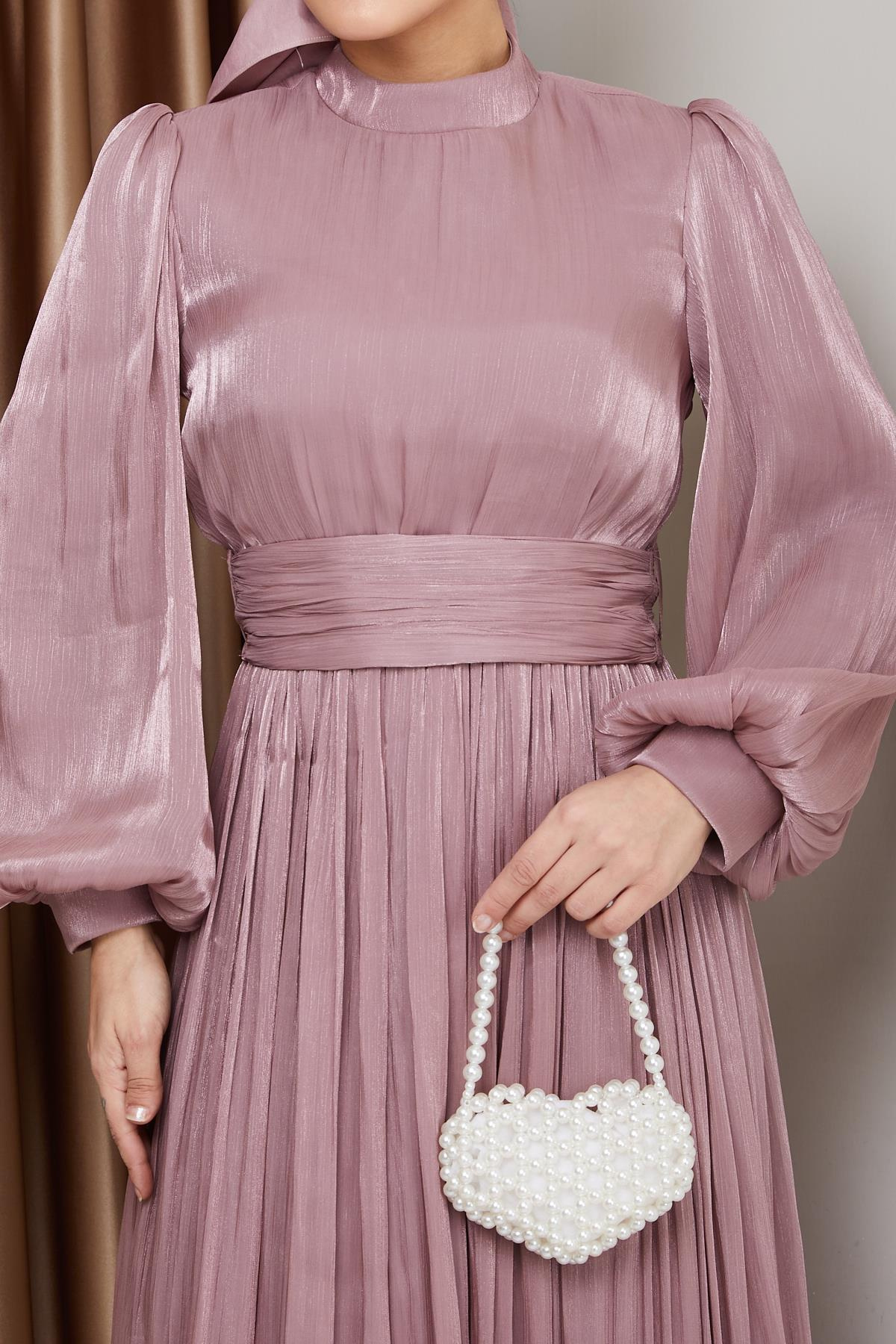 Yoryo Silk Hijab Evening Dress with Belted Waist and Gathered Detail ROSE 1225