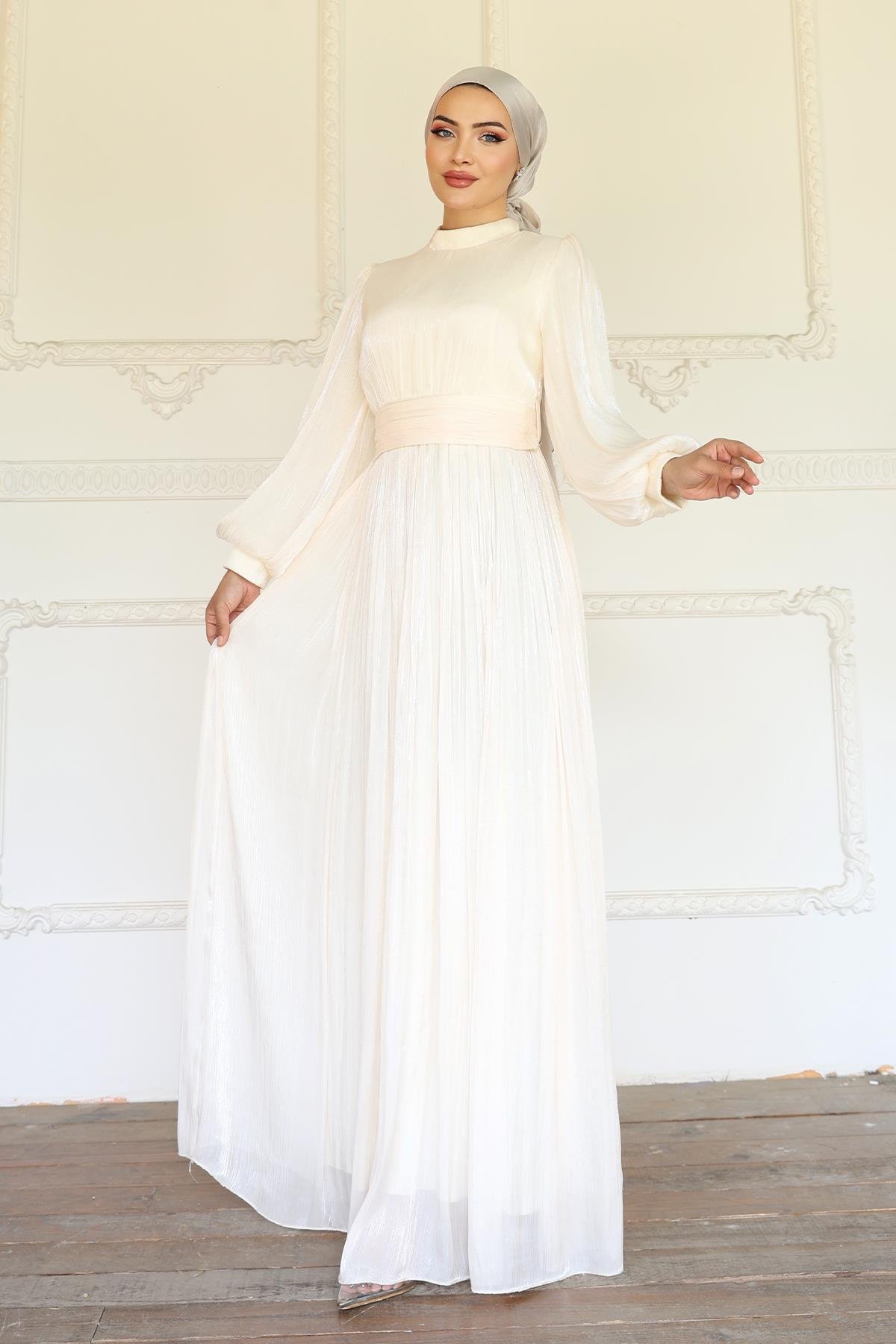 Yoryo Silk Hijab Evening Dress with Belted Waist and Gathered Detail IVORY 1225