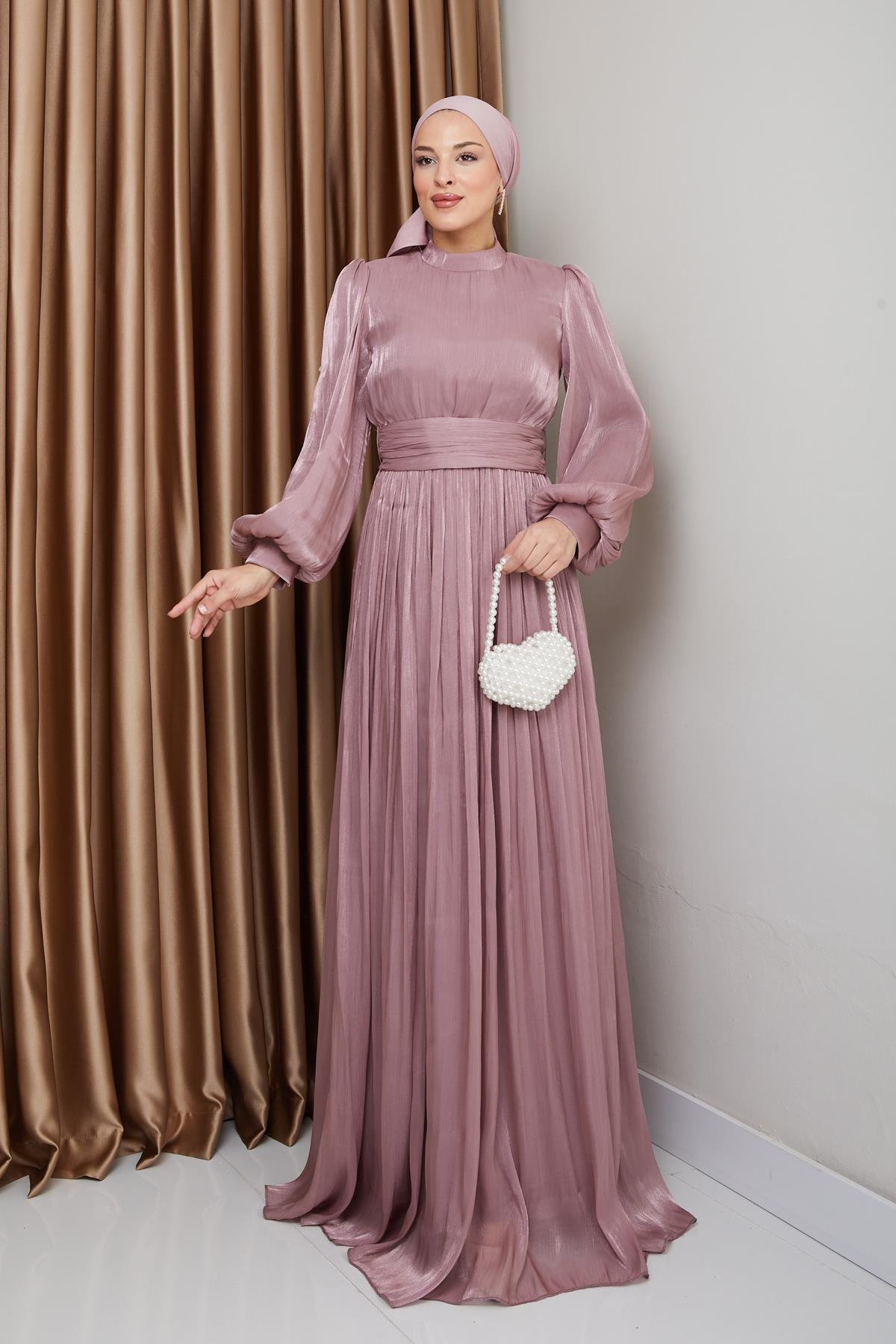 Yoryo Silk Hijab Evening Dress with Belted Waist and Gathered Detail ROSE 1225