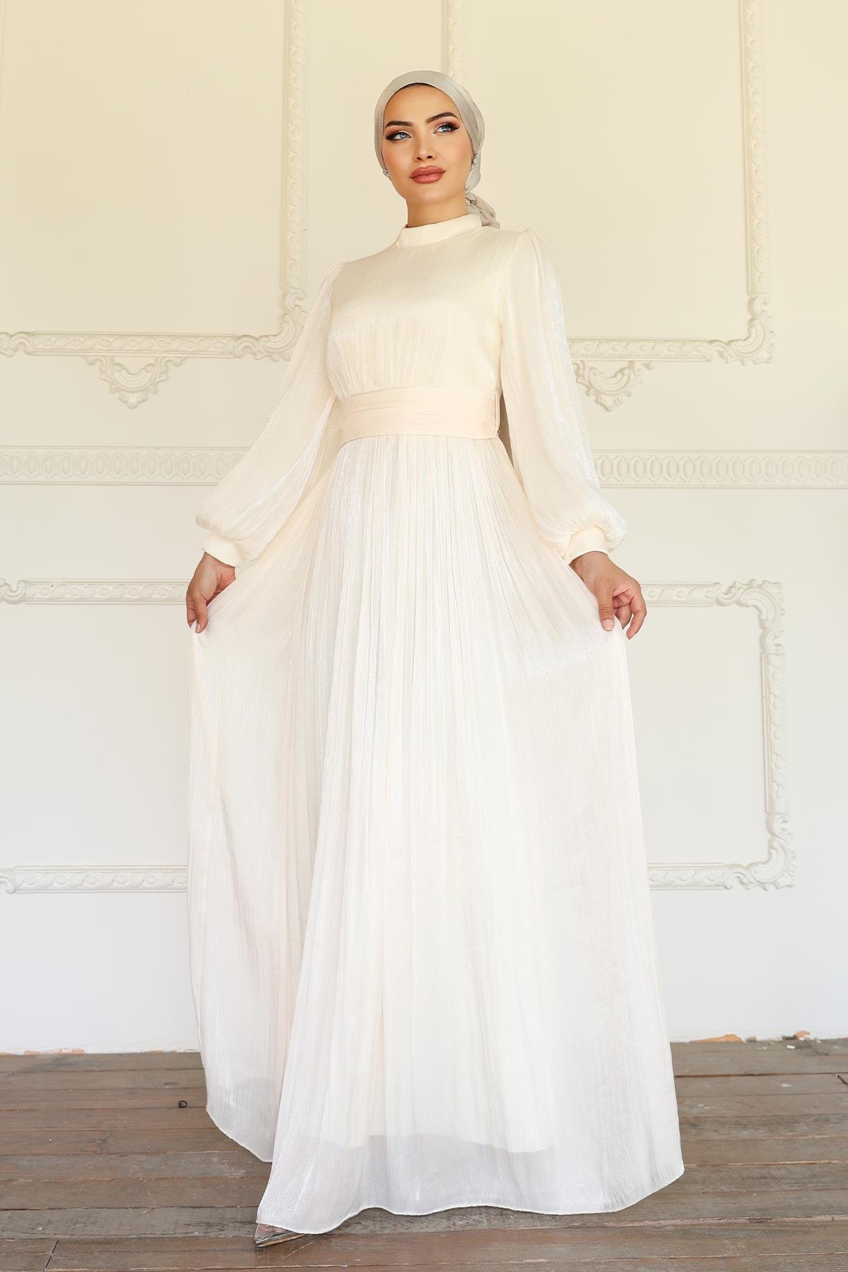 Yoryo Silk Hijab Evening Dress with Belted Waist and Gathered Detail IVORY 1225