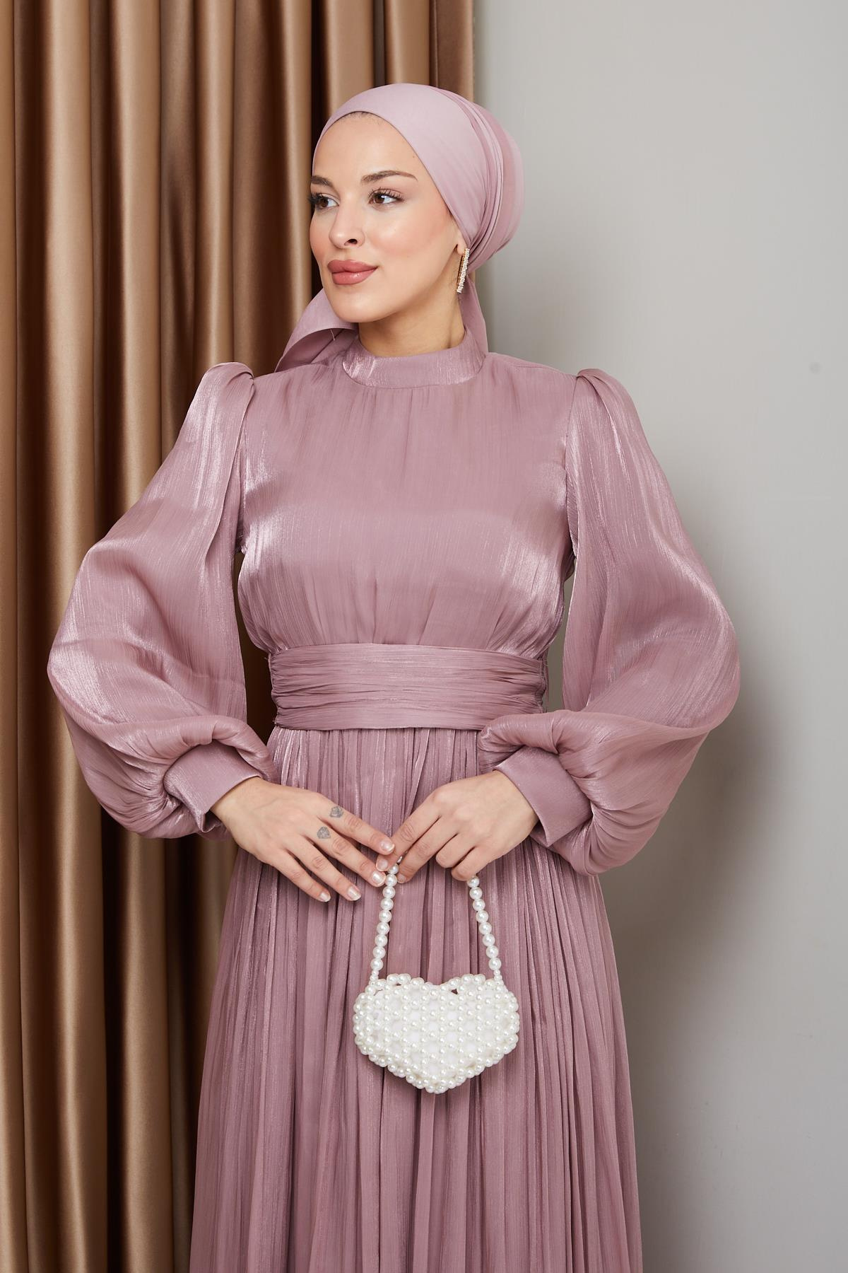 Yoryo Silk Hijab Evening Dress with Belted Waist and Gathered Detail ROSE 1225