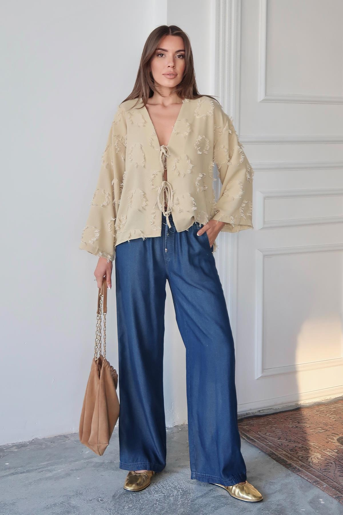 Beli Bağcıklı Rahat Kesim Liyosel Pantolon KOYU MAVİ 7585