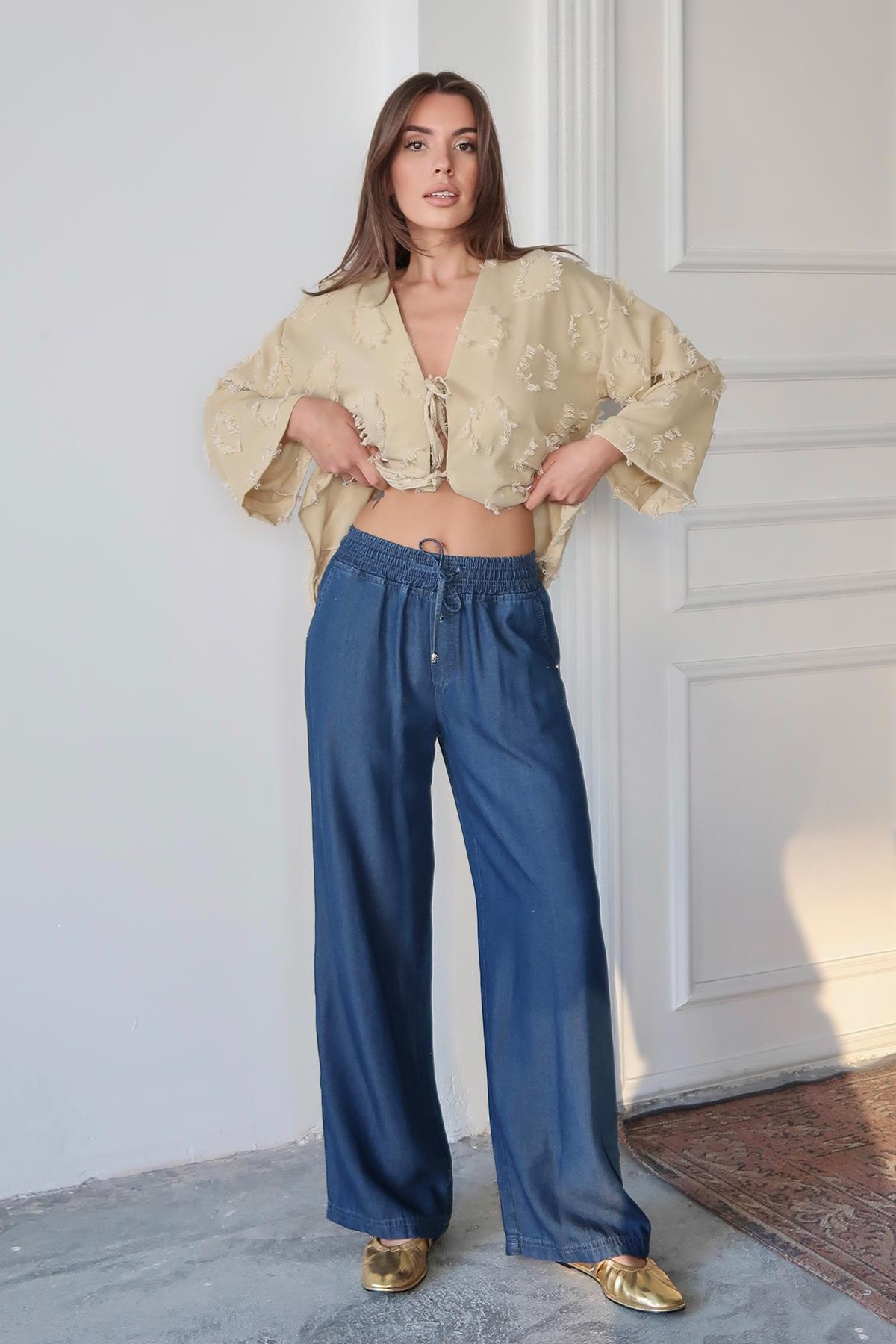 Beli Bağcıklı Rahat Kesim Liyosel Pantolon KOYU MAVİ 7585