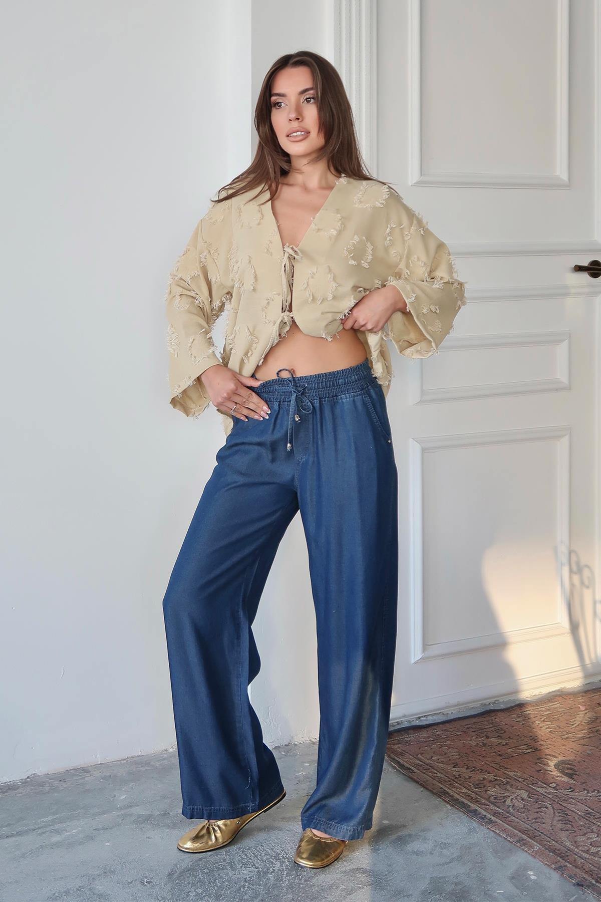 Beli Bağcıklı Rahat Kesim Liyosel Pantolon KOYU MAVİ 7585