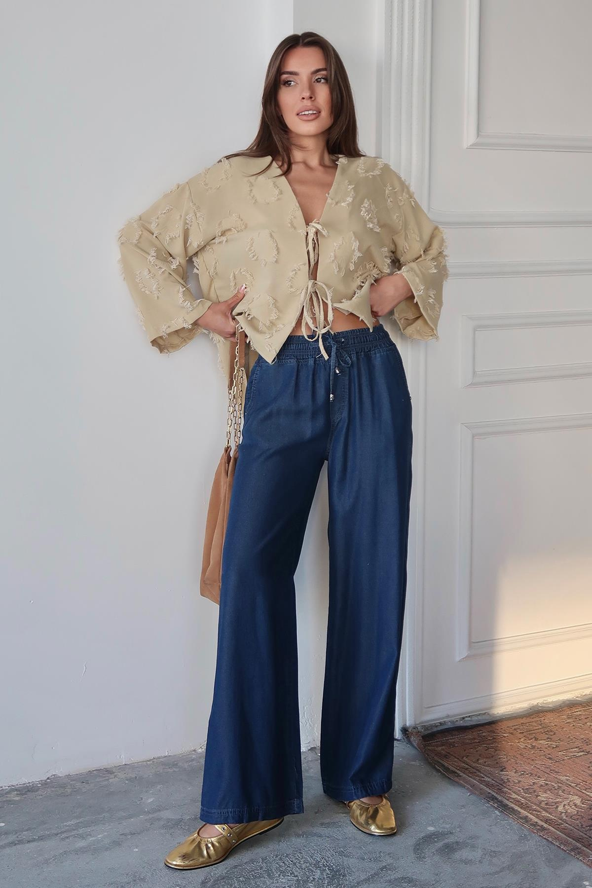 Beli Bağcıklı Rahat Kesim Liyosel Pantolon KOYU MAVİ 7585