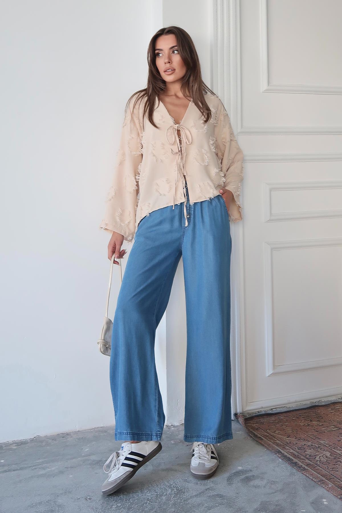 Beli Bağcıklı Rahat Kesim Liyosel Pantolon MAVİ 7585