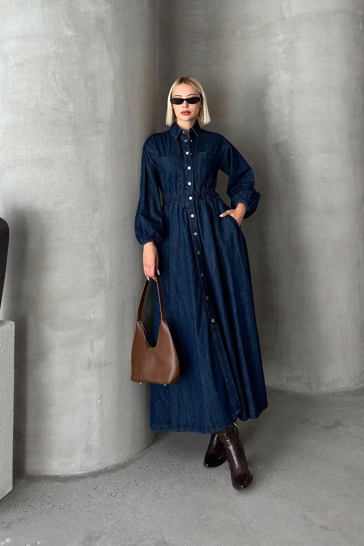 Denim Dress with Pleated Waist and Snap Closure DARK BLUE 9249-E