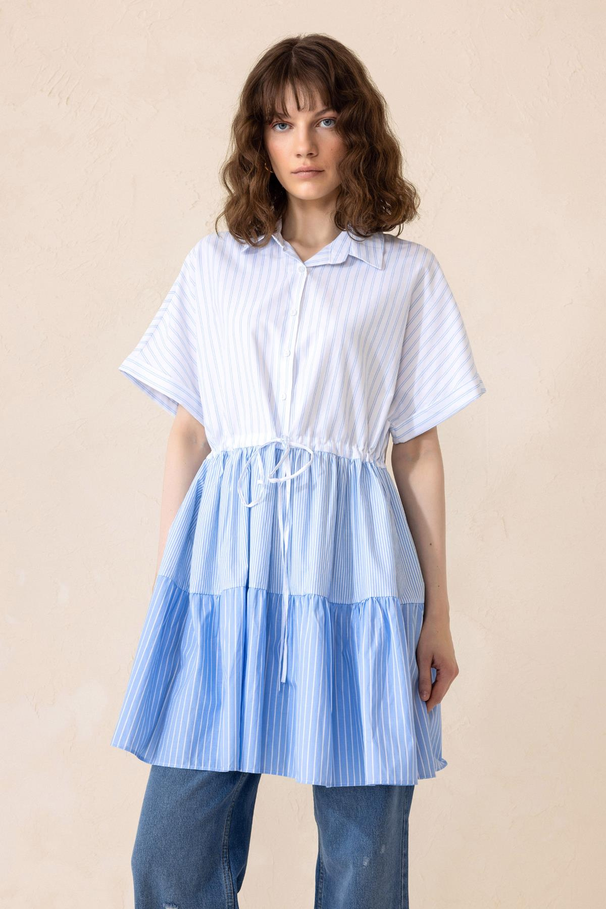 Gathered Waist Striped Short Sleeve Poplin Tunic BLUE 9282