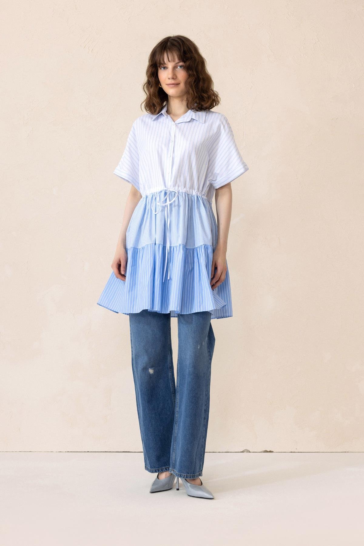 Gathered Waist Striped Short Sleeve Poplin Tunic BLUE 9282