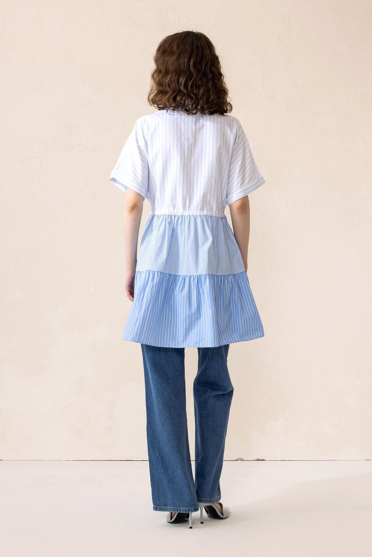 Gathered Waist Striped Short Sleeve Poplin Tunic BLUE 9282