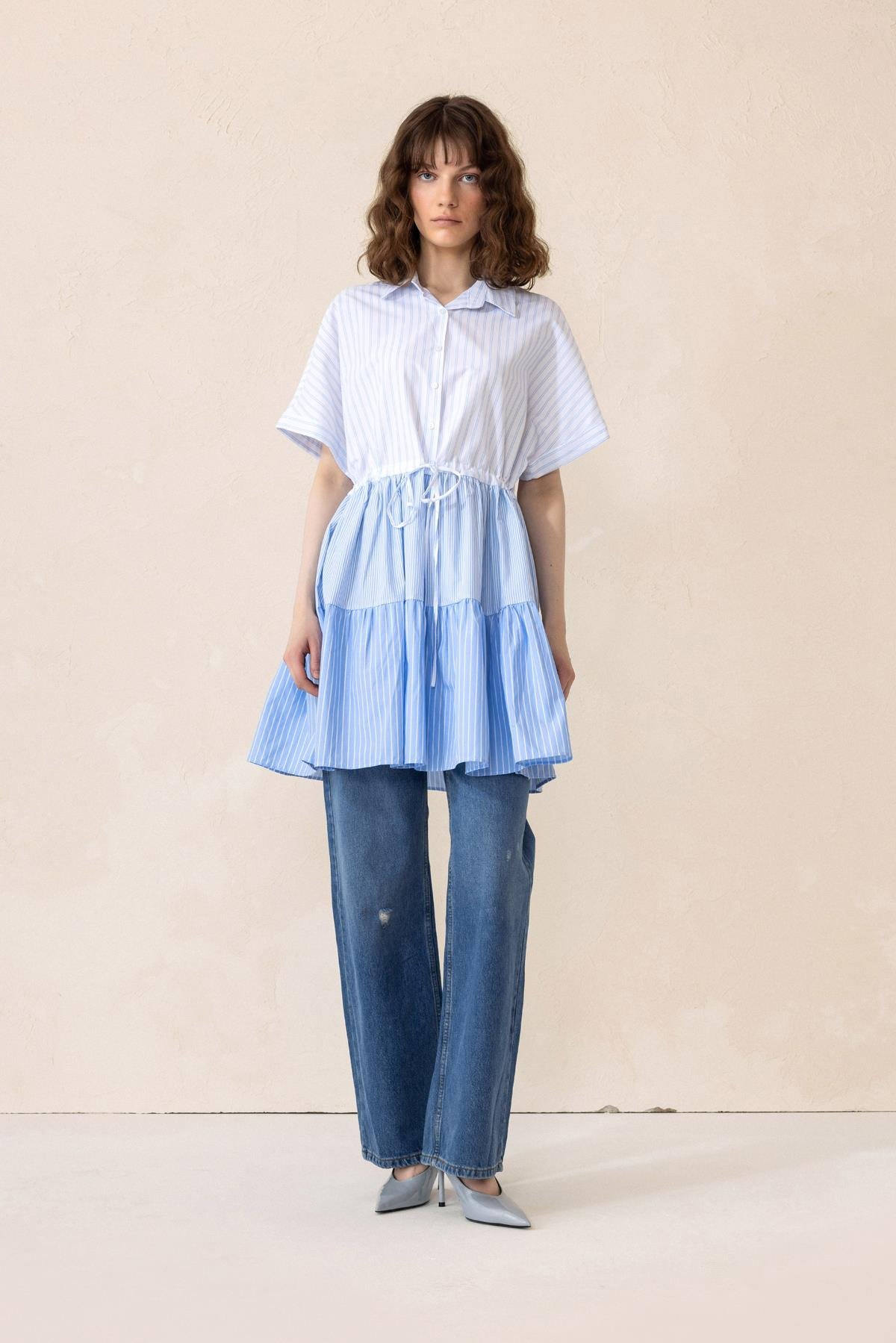 Gathered Waist Striped Short Sleeve Poplin Tunic BLUE 9282