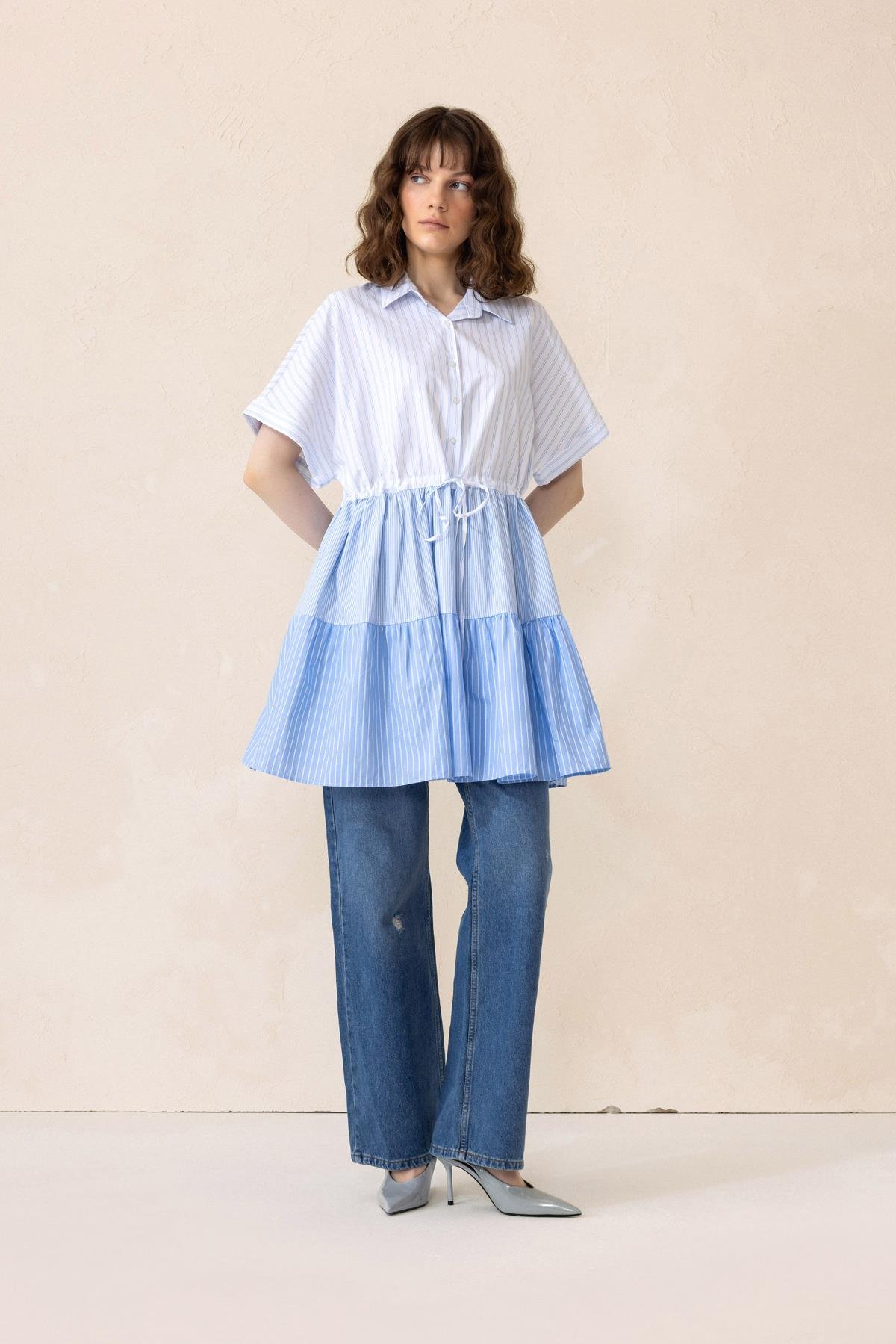 Gathered Waist Striped Short Sleeve Poplin Tunic BLUE 9282