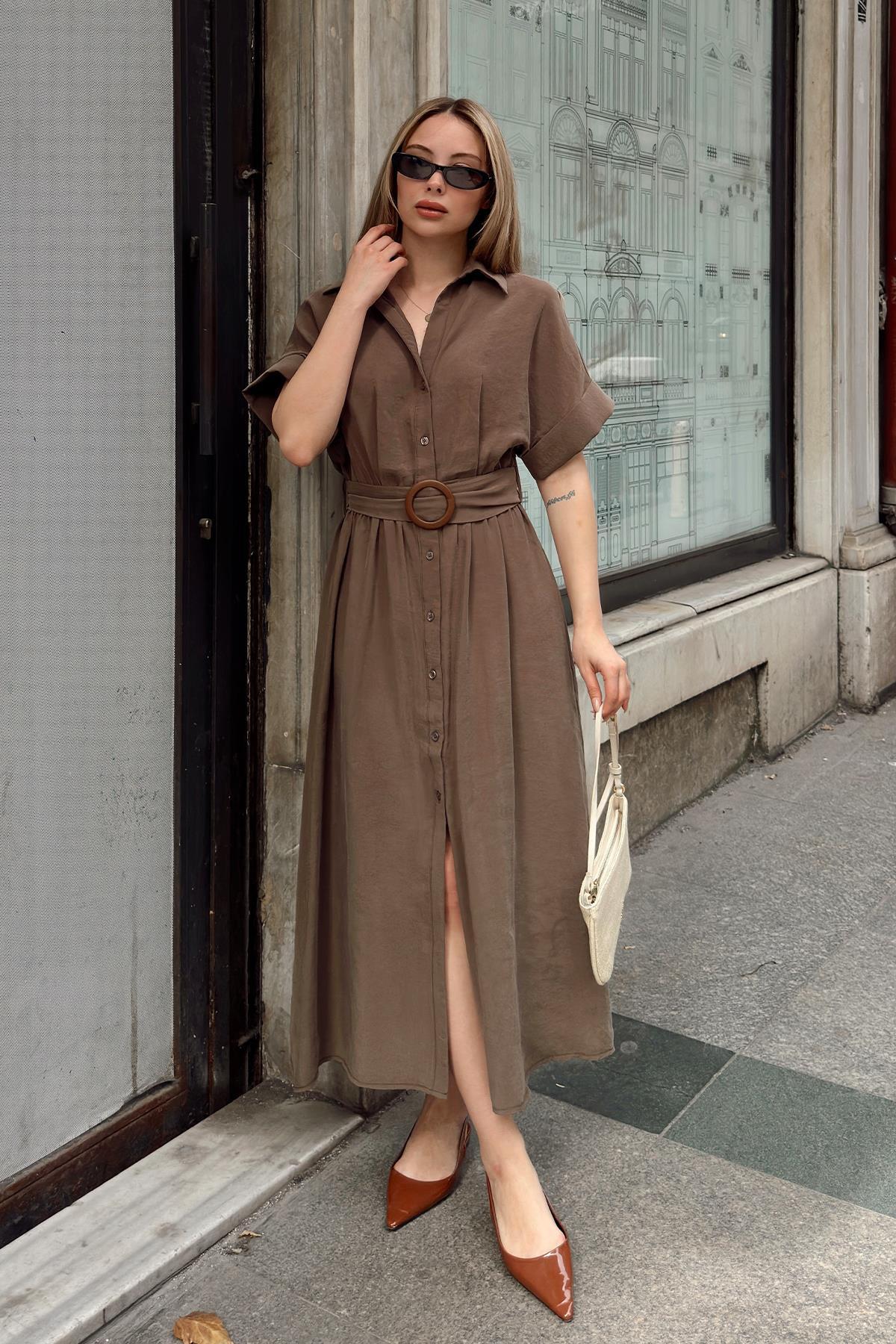 Modal Dress with Gathered Waist Belt Detail COFFEE 9307-E
