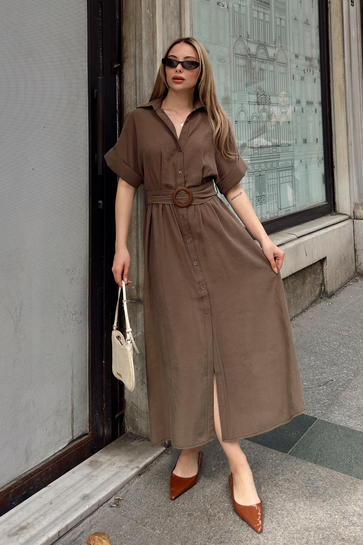 Modal Dress with Gathered Waist Belt Detail COFFEE 9307-E