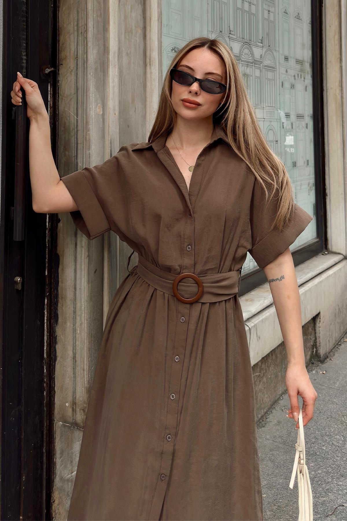 Modal Dress with Gathered Waist Belt Detail COFFEE 9307-E