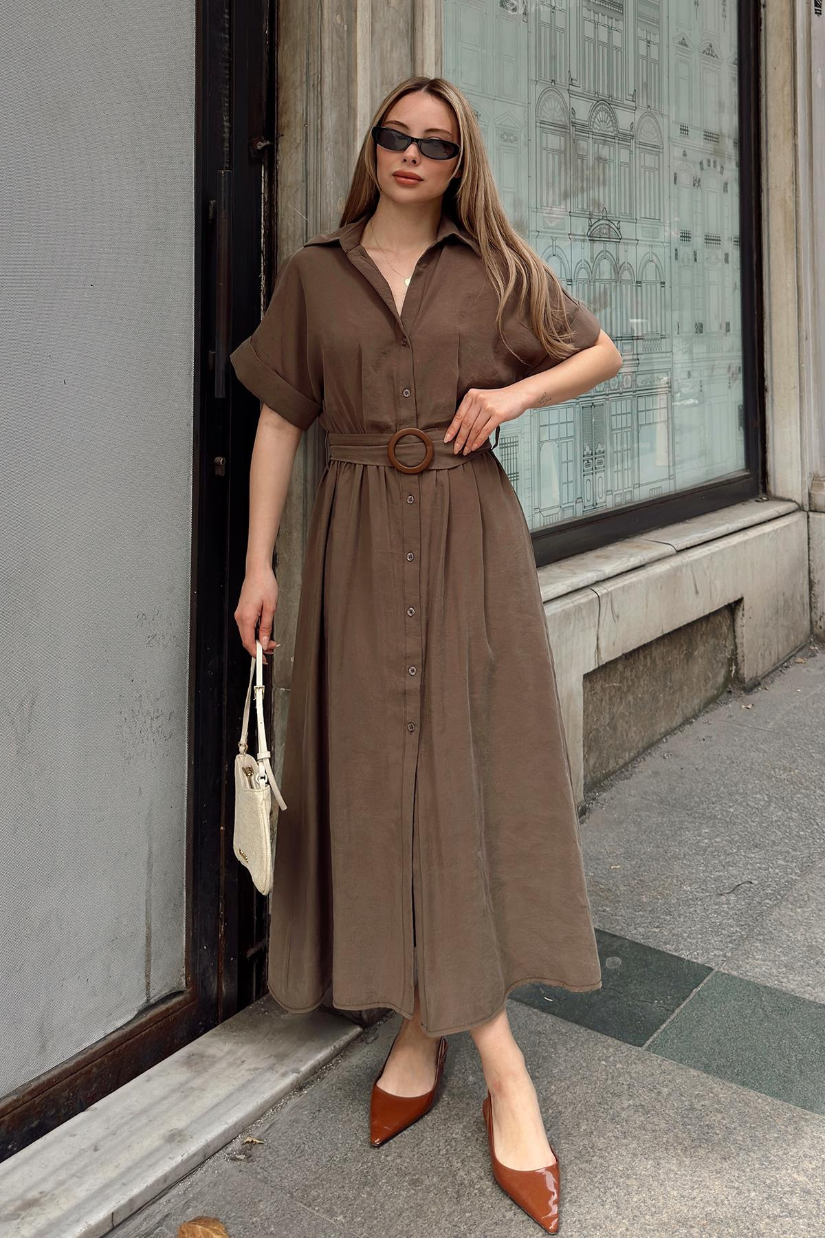 Modal Dress with Gathered Waist Belt Detail COFFEE 9307-E