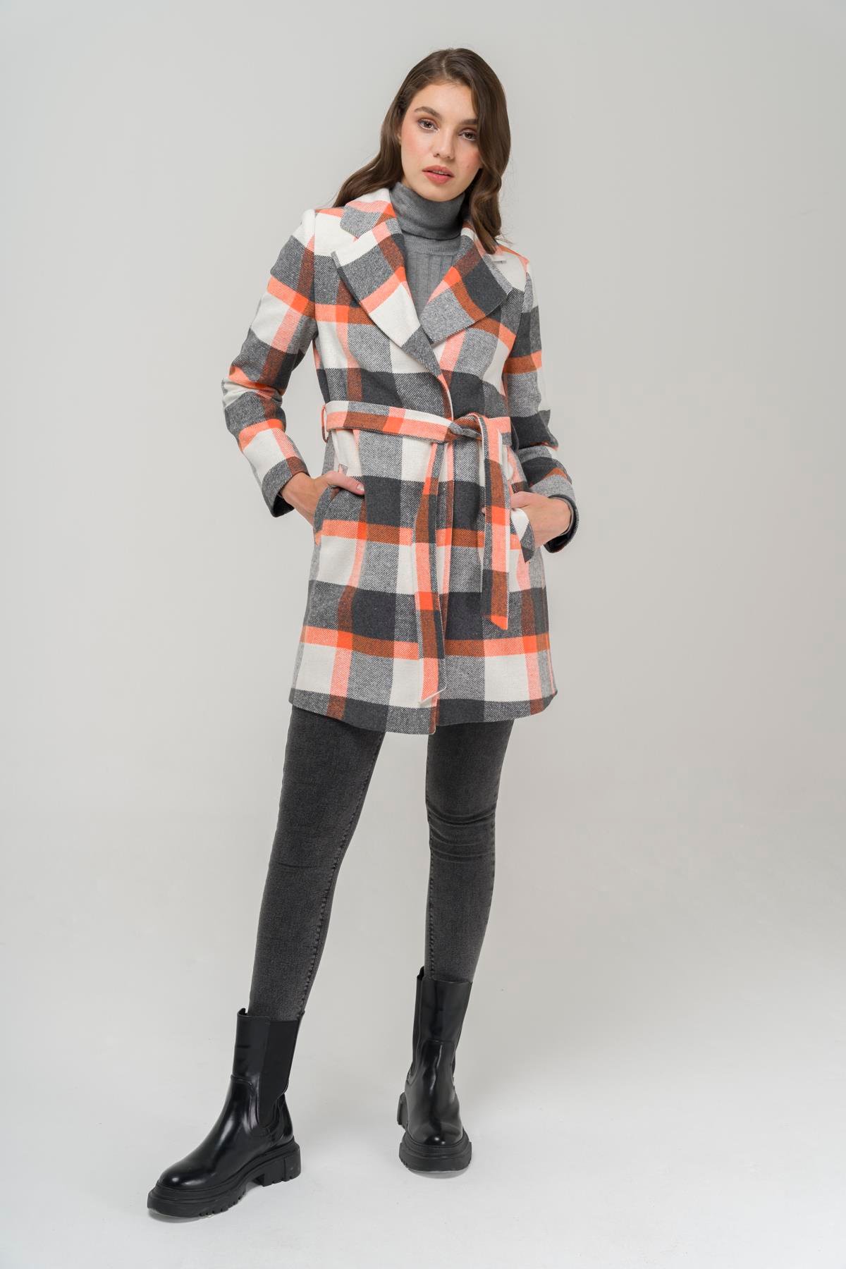 Beli Kuşaklı Astarlı Ekose Desenli Kaban ORANJ 3927-E