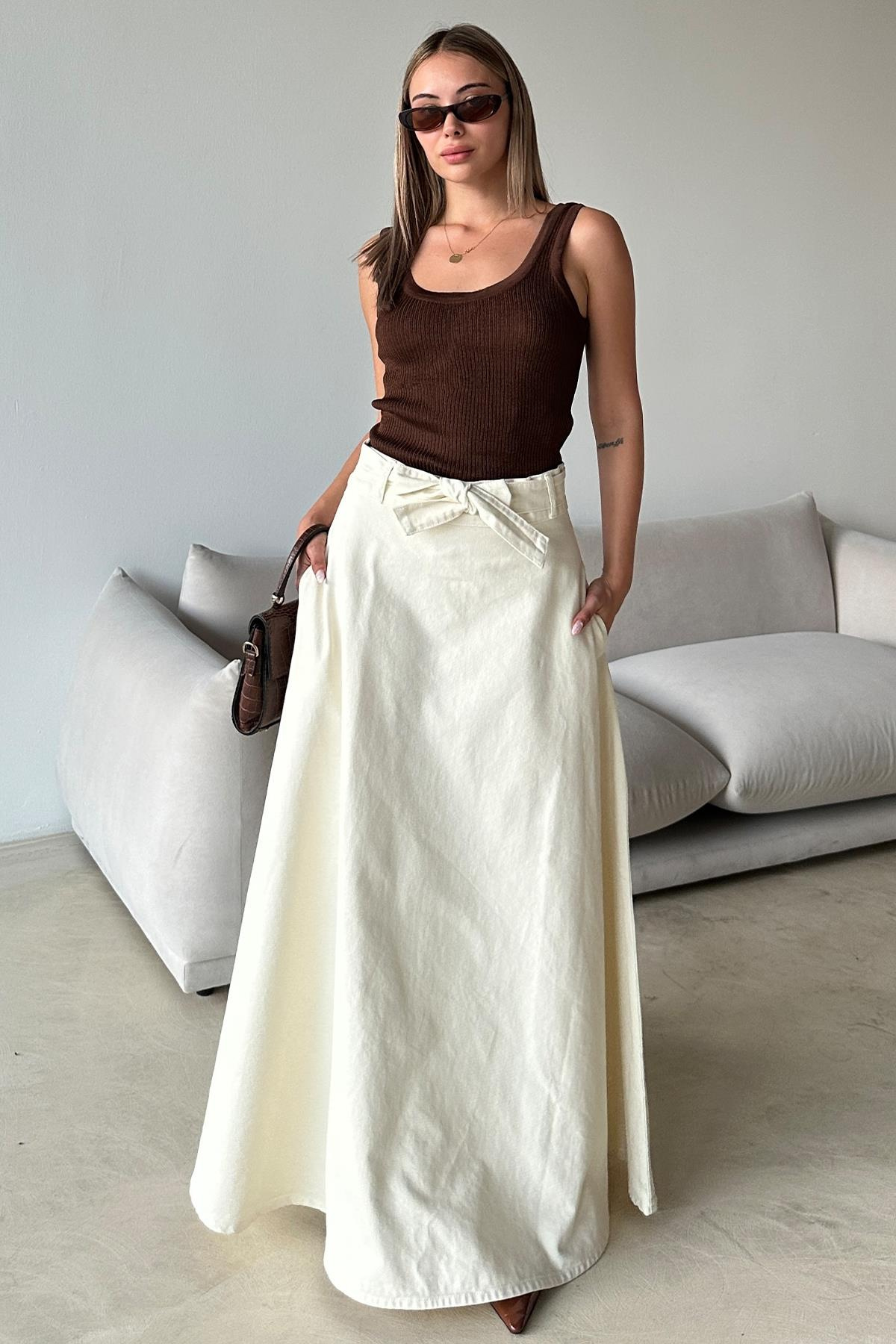 Beli Kuşaklı Denim Çan Uzun Etek EKRU 7064