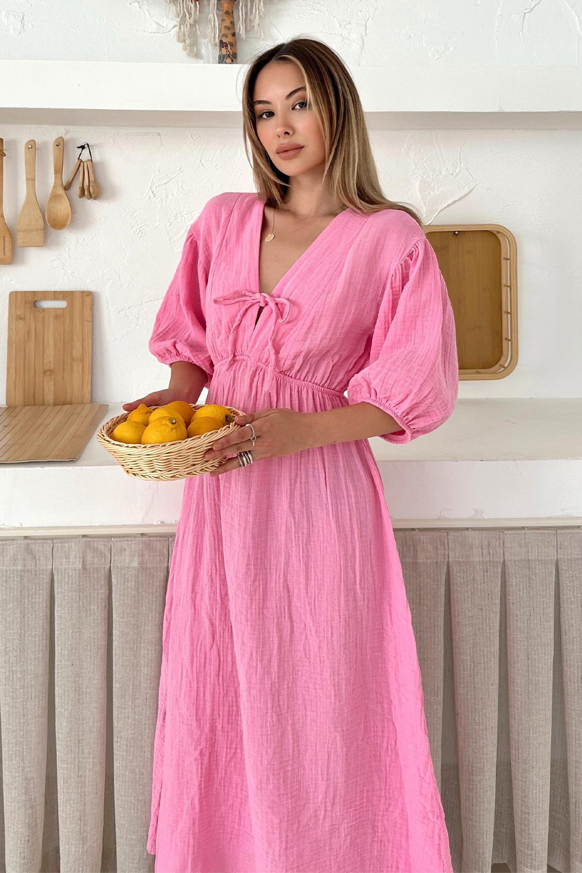 Half Sleeve Muslin Dress with Elastic Waist Lace Detail HORNS 9331-E