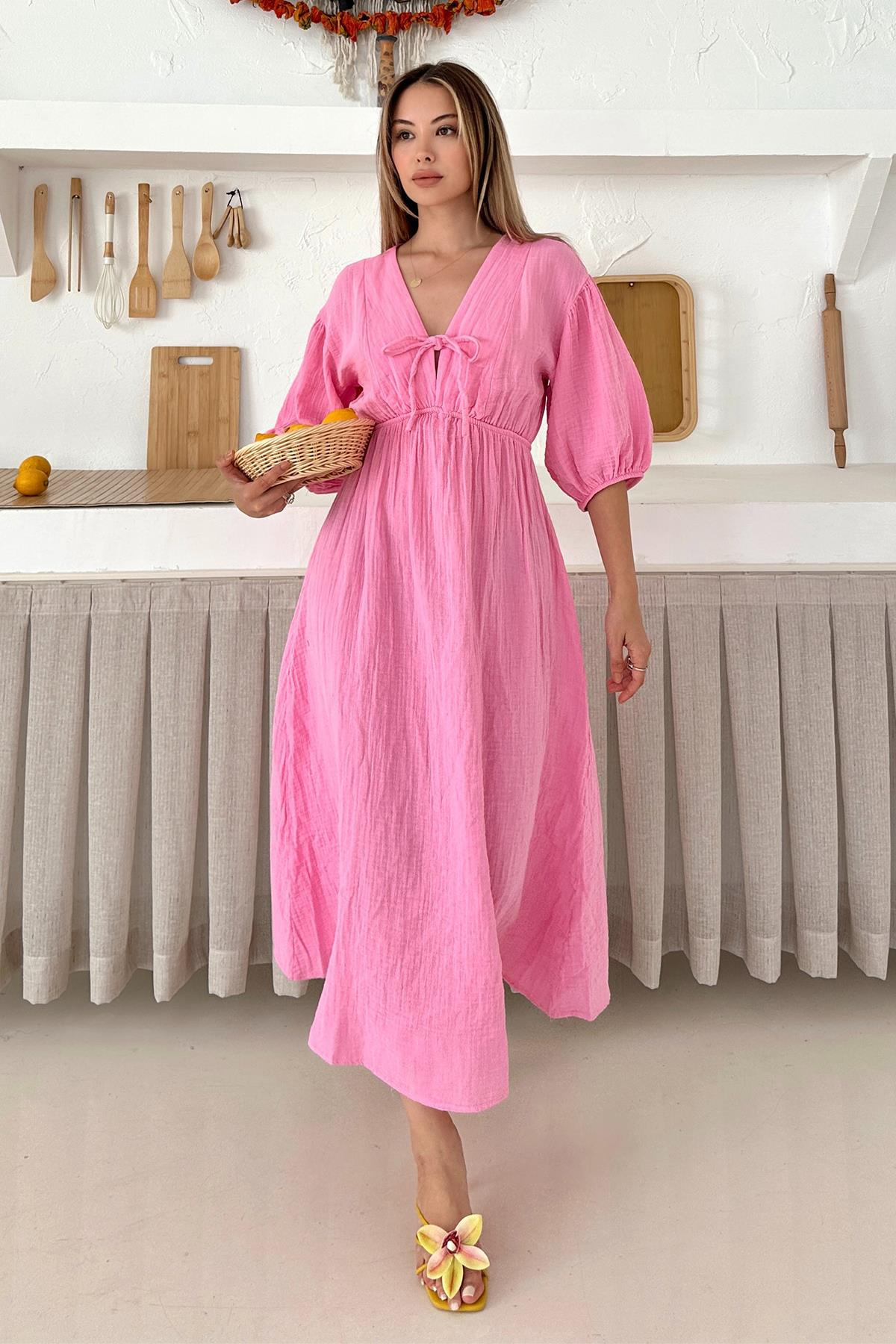 Half Sleeve Muslin Dress with Elastic Waist Lace Detail HORNS 9331-E