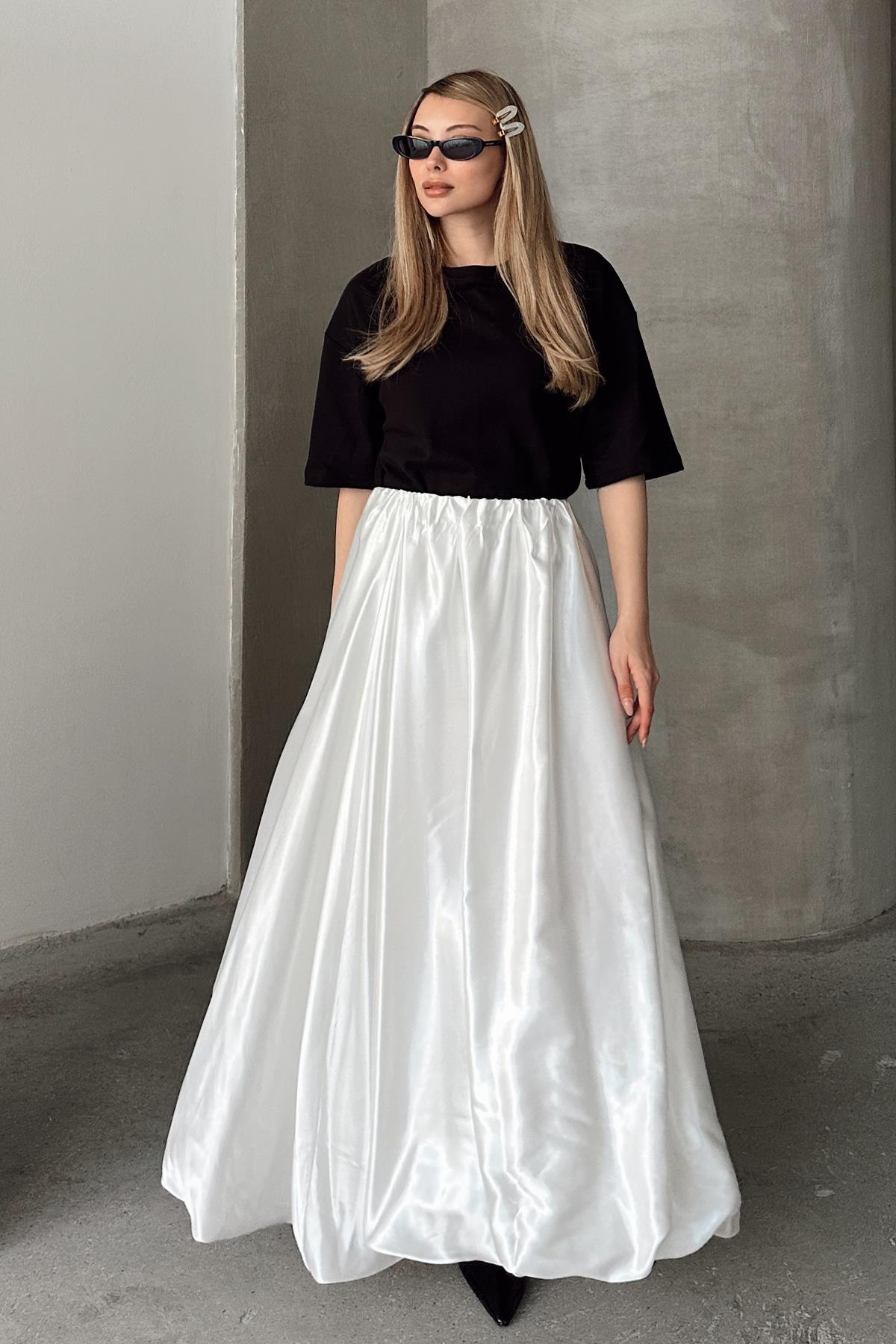 Elastic Waist Balloon Satin Skirt WHITE 7058