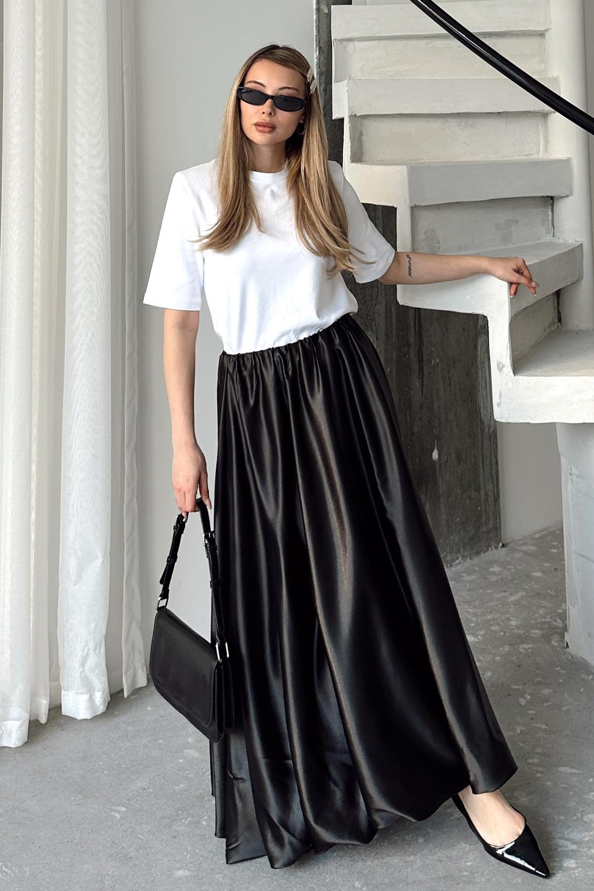 Elastic Waist Balloon Satin Skirt BLACK 7058
