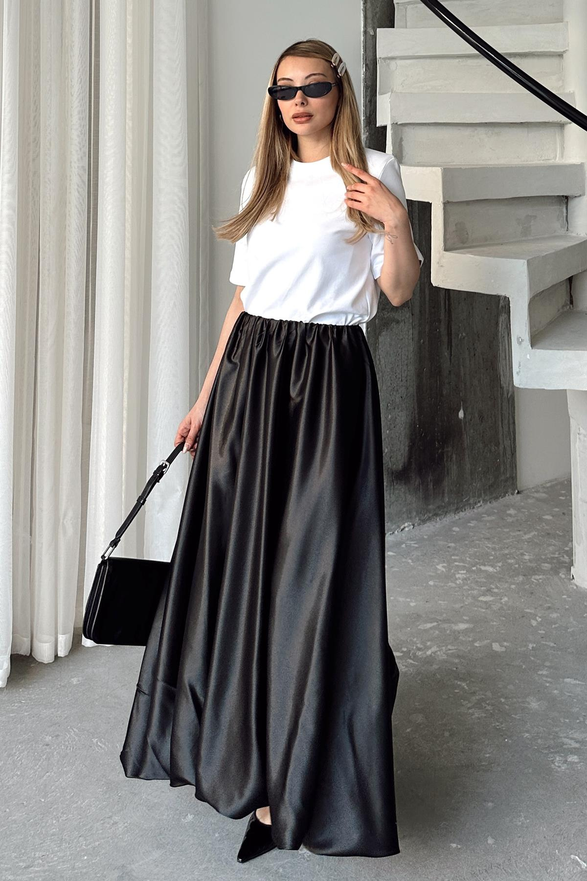 Elastic Waist Balloon Satin Skirt BLACK 7058