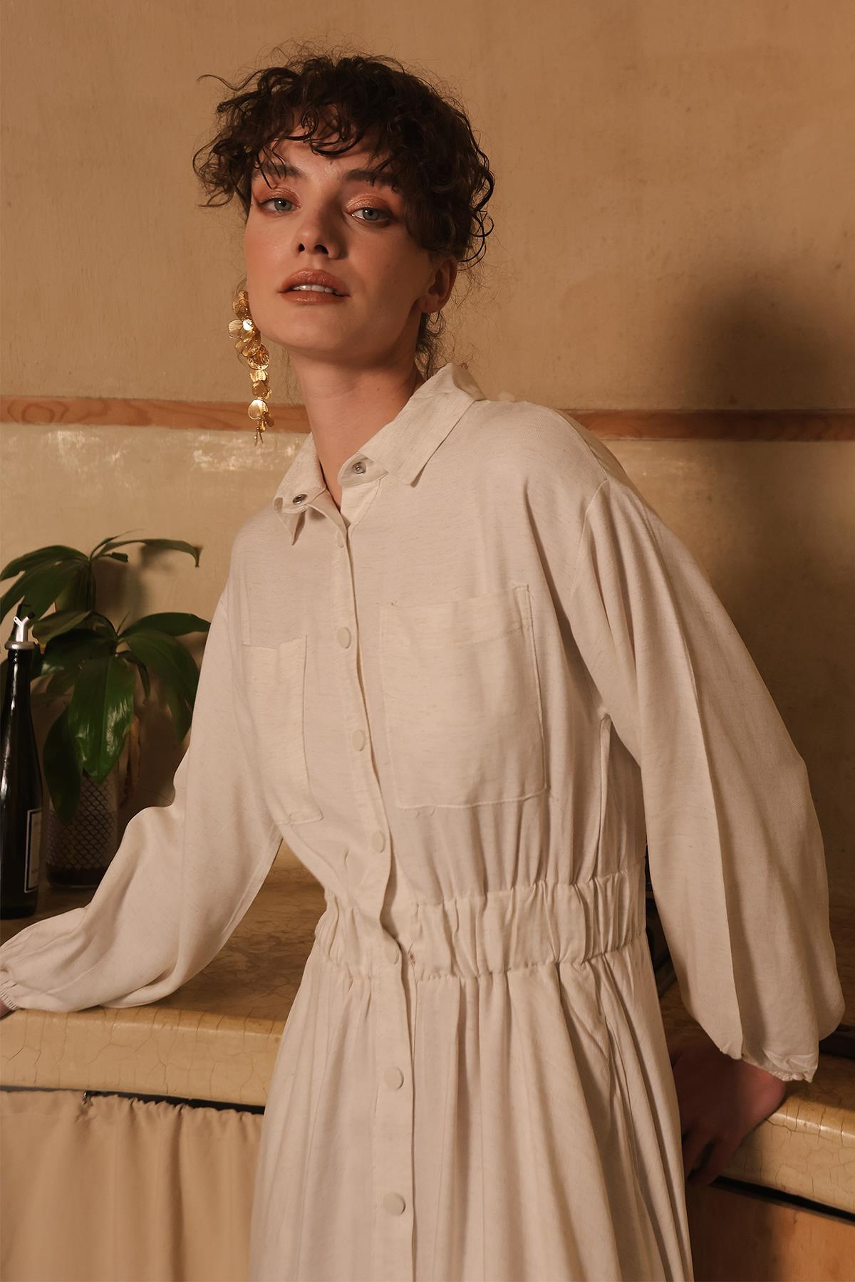 Linen Dress with Elastic Waist and Flounce Skirt IVORY 9287-E