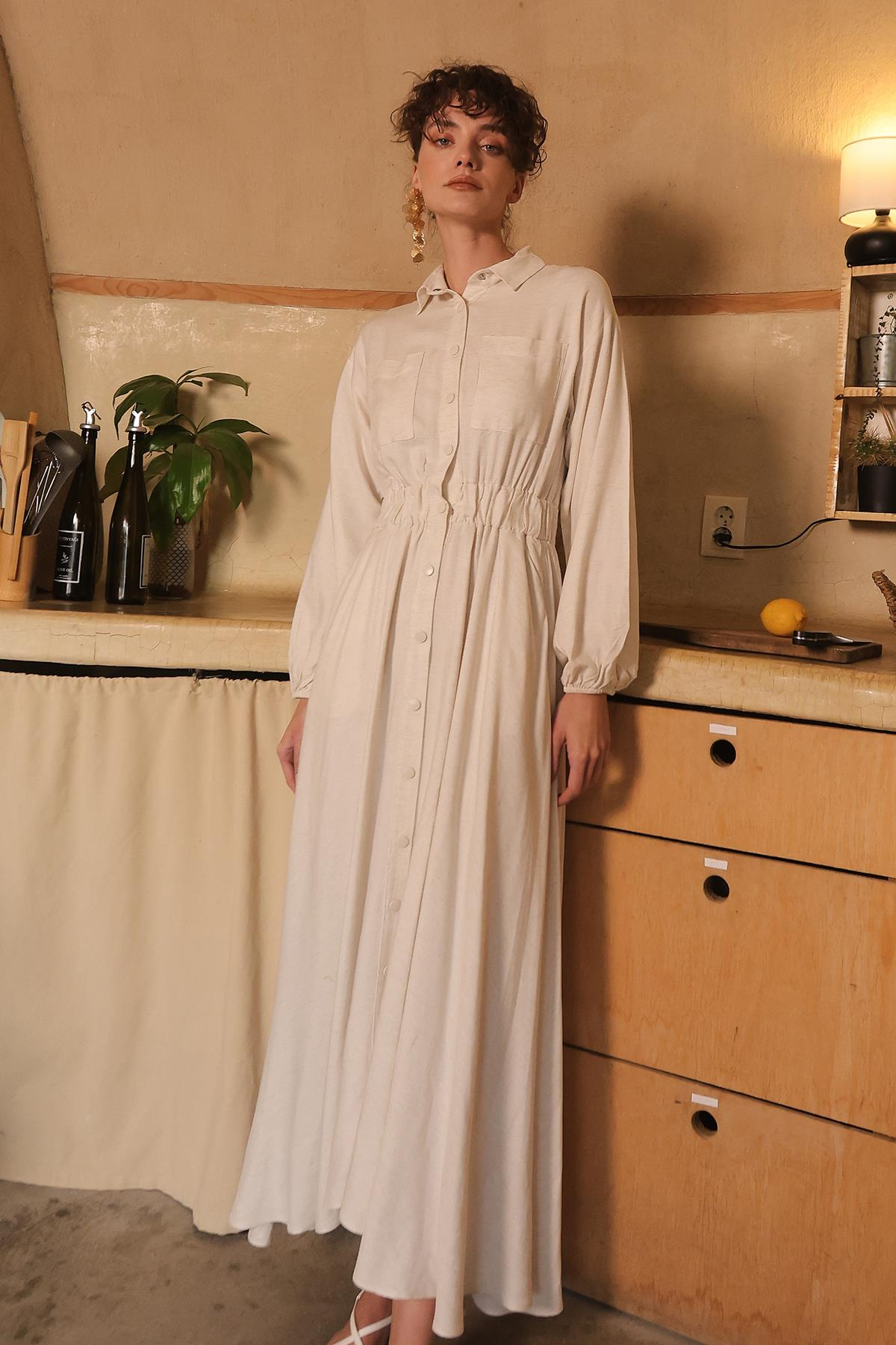 Linen Dress with Elastic Waist and Flounce Skirt IVORY 9287-E