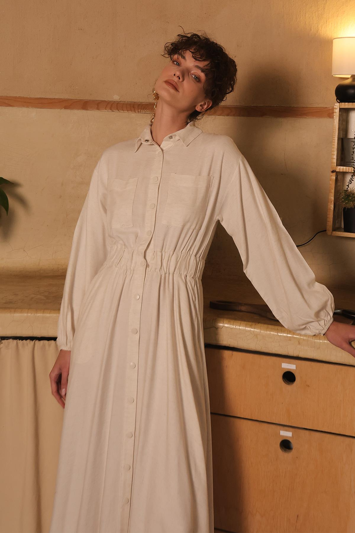 Linen Dress with Elastic Waist and Flounce Skirt IVORY 9287-E