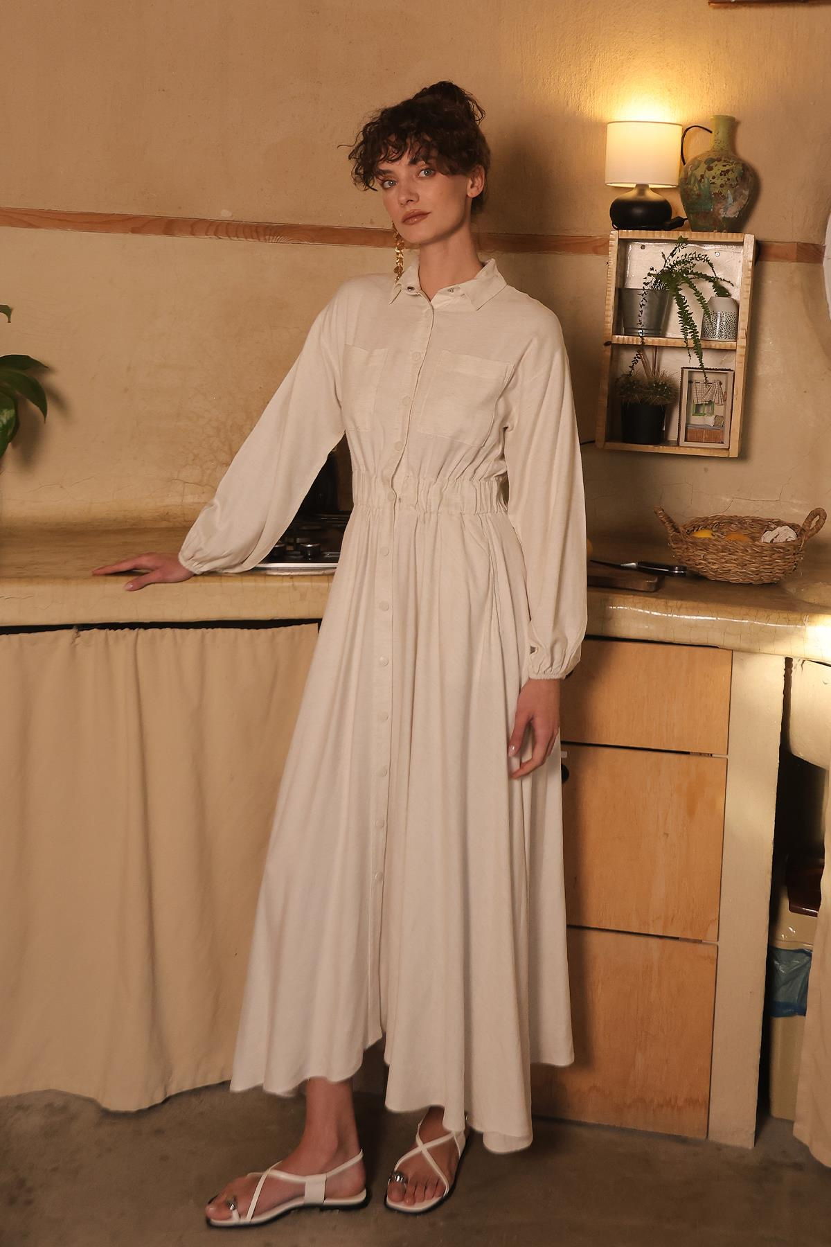 Linen Dress with Elastic Waist and Flounce Skirt IVORY 9287-E