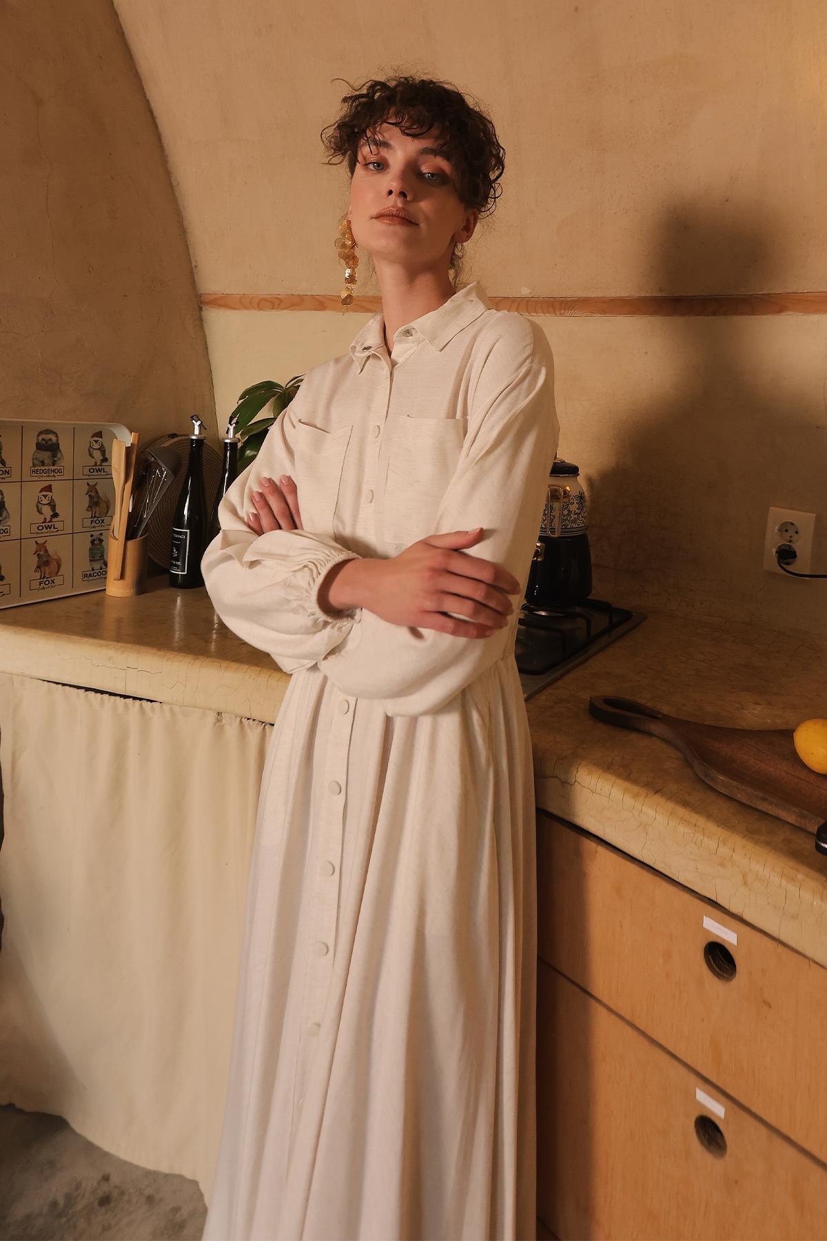 Linen Dress with Elastic Waist and Flounce Skirt IVORY 9287-E