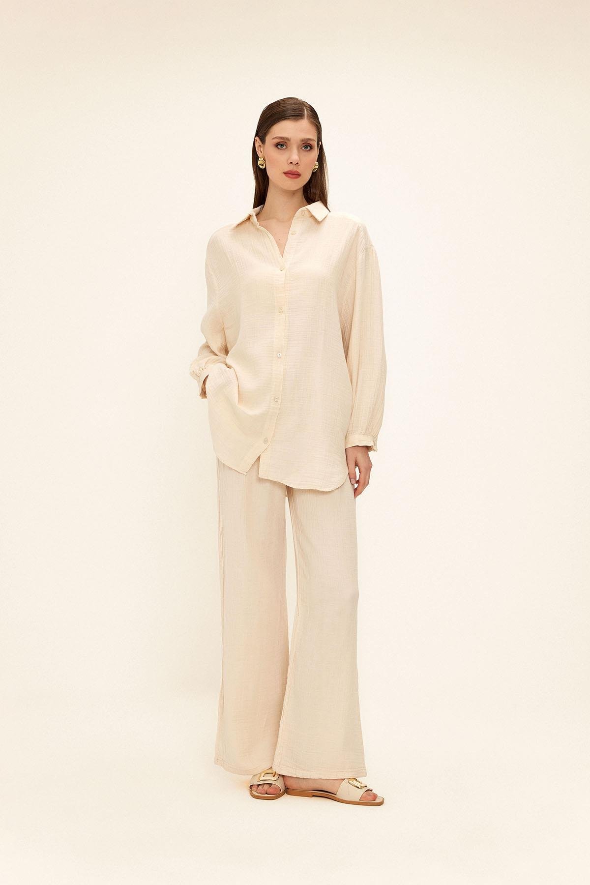 Elastic Waist Muslin Trousers IVORY 7580