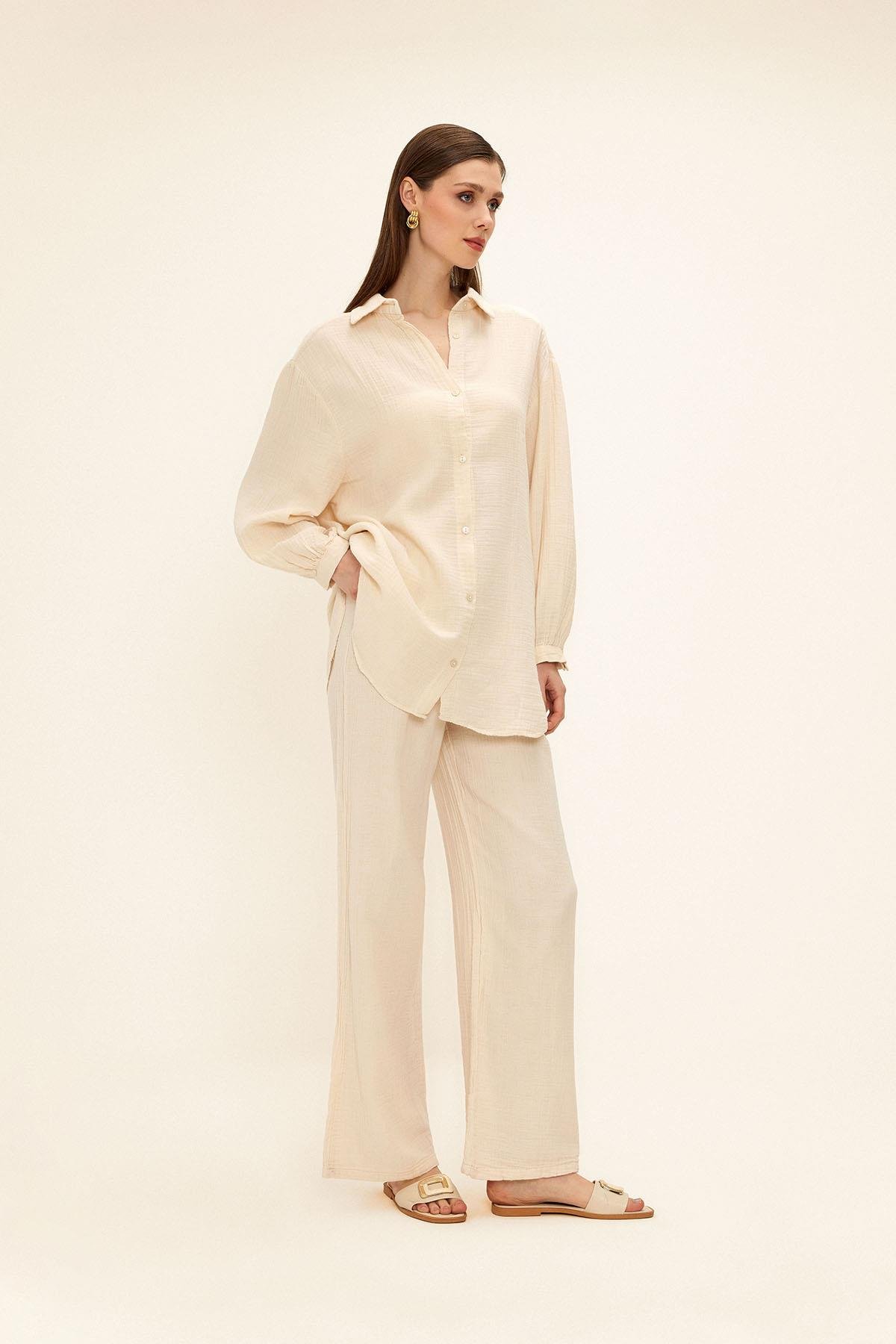 Elastic Waist Muslin Trousers IVORY 7580