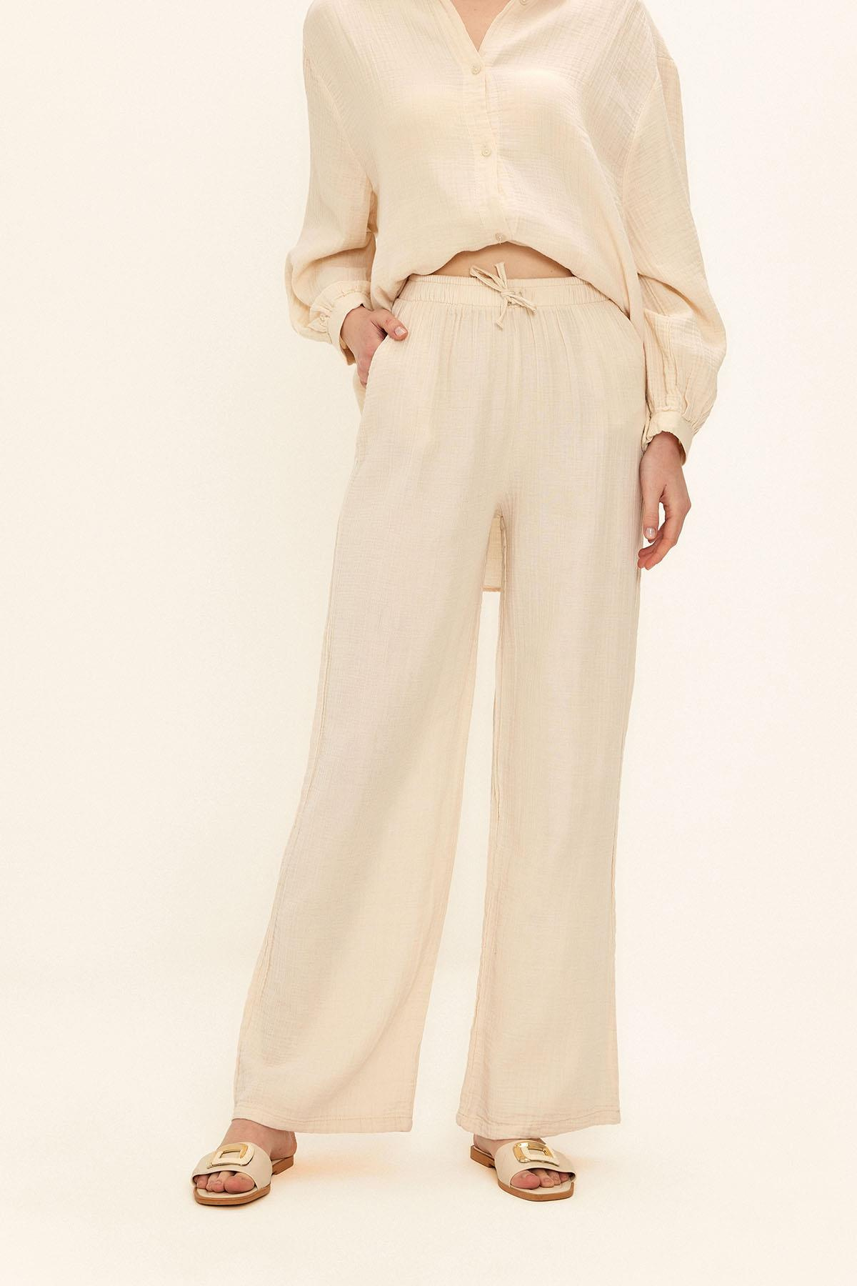 Elastic Waist Muslin Trousers IVORY 7580