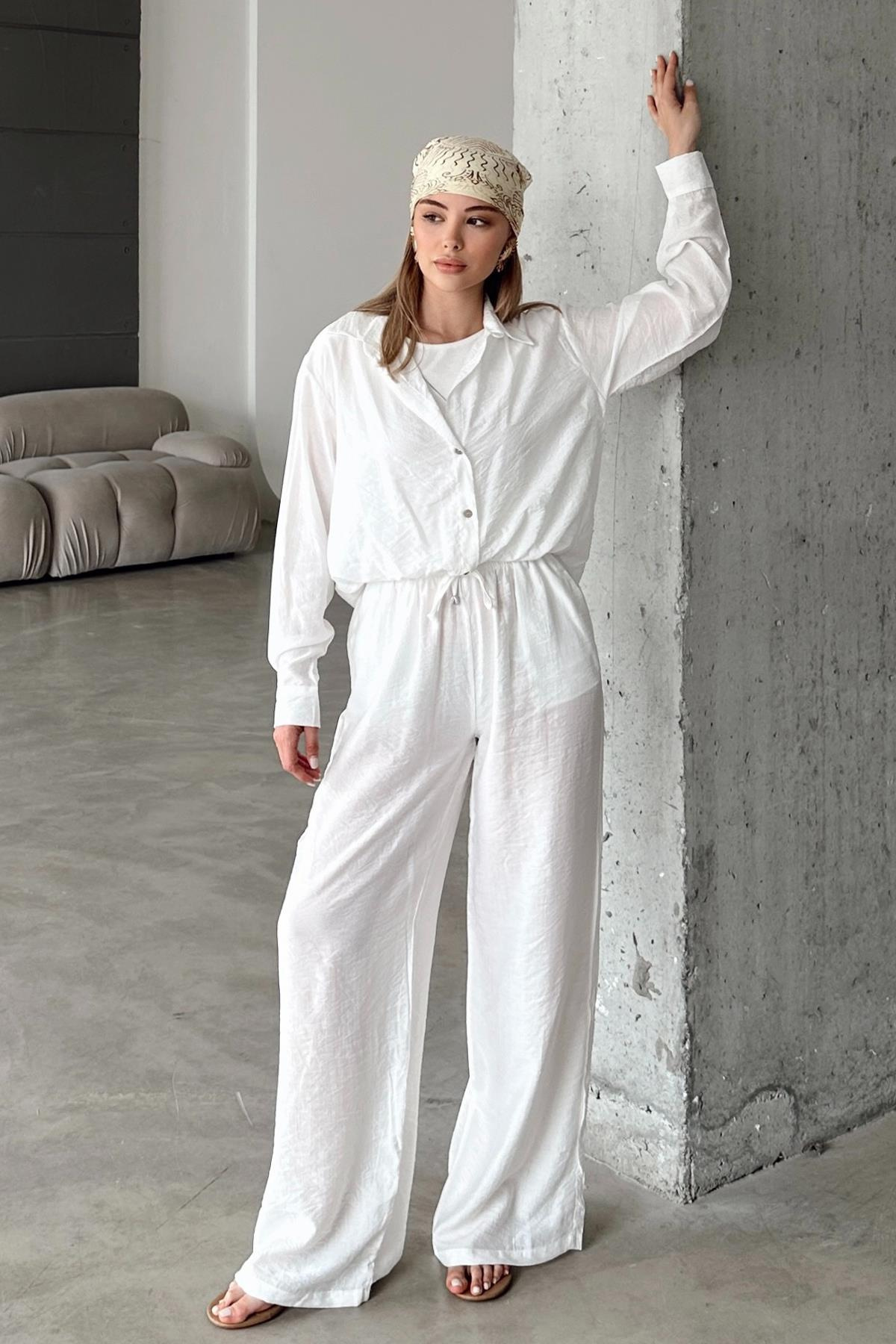 Beli Lastikli Rahat Kalıp Chrush Pantolon BEYAZ 7583