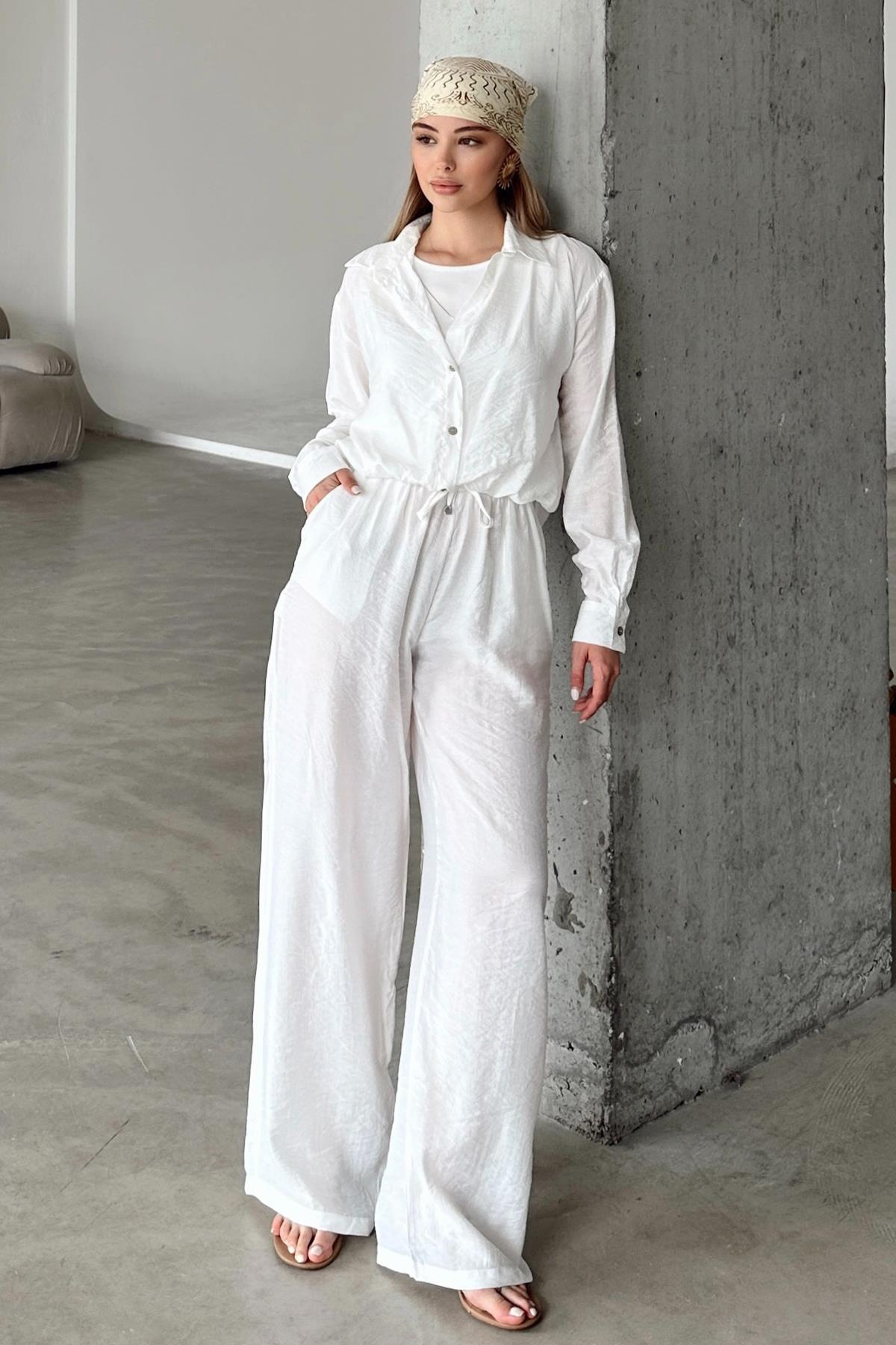 Beli Lastikli Rahat Kalıp Chrush Pantolon BEYAZ 7583