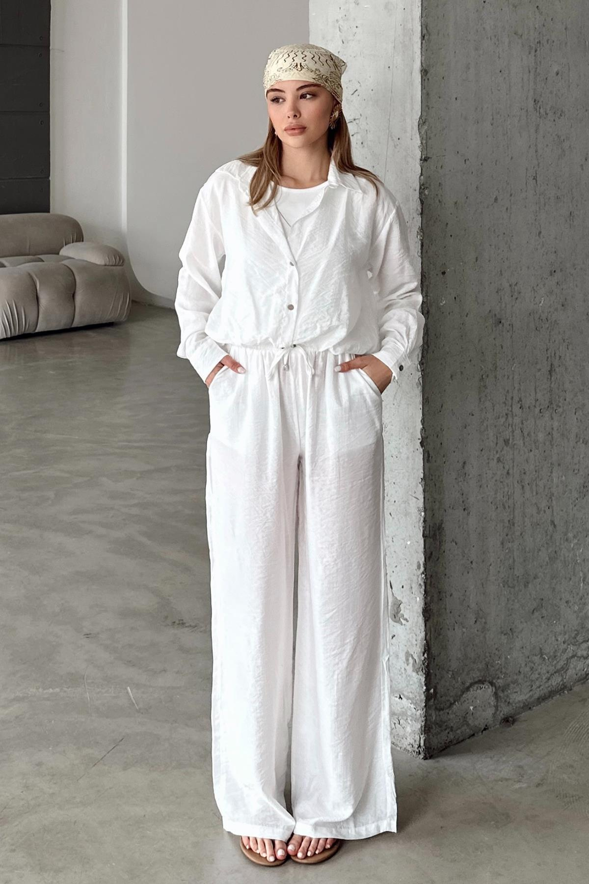 Beli Lastikli Rahat Kalıp Chrush Pantolon BEYAZ 7583