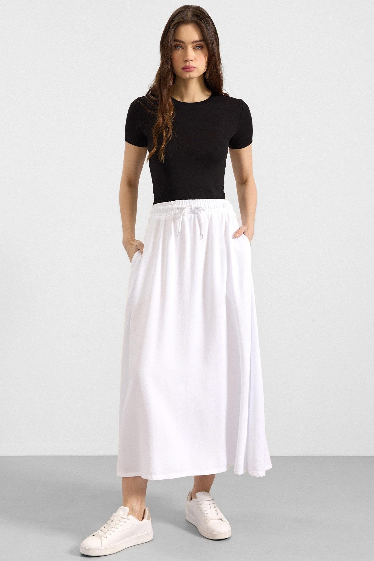 Beli Lastikli Soft Denim Etek BEYAZ 7068