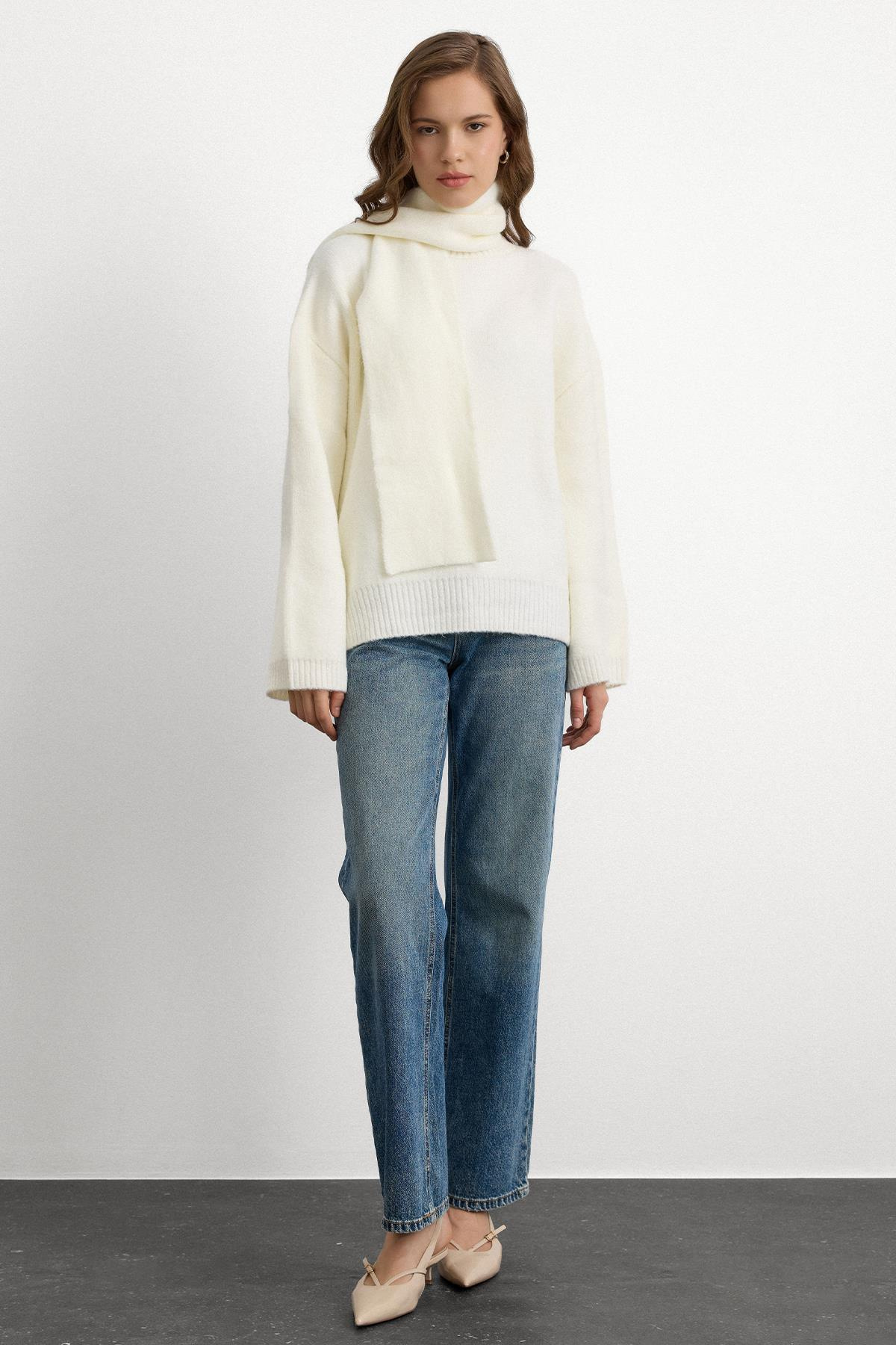 Bisiklet Yaka Atkı Salaş Kalın Kazak EKRU 8280