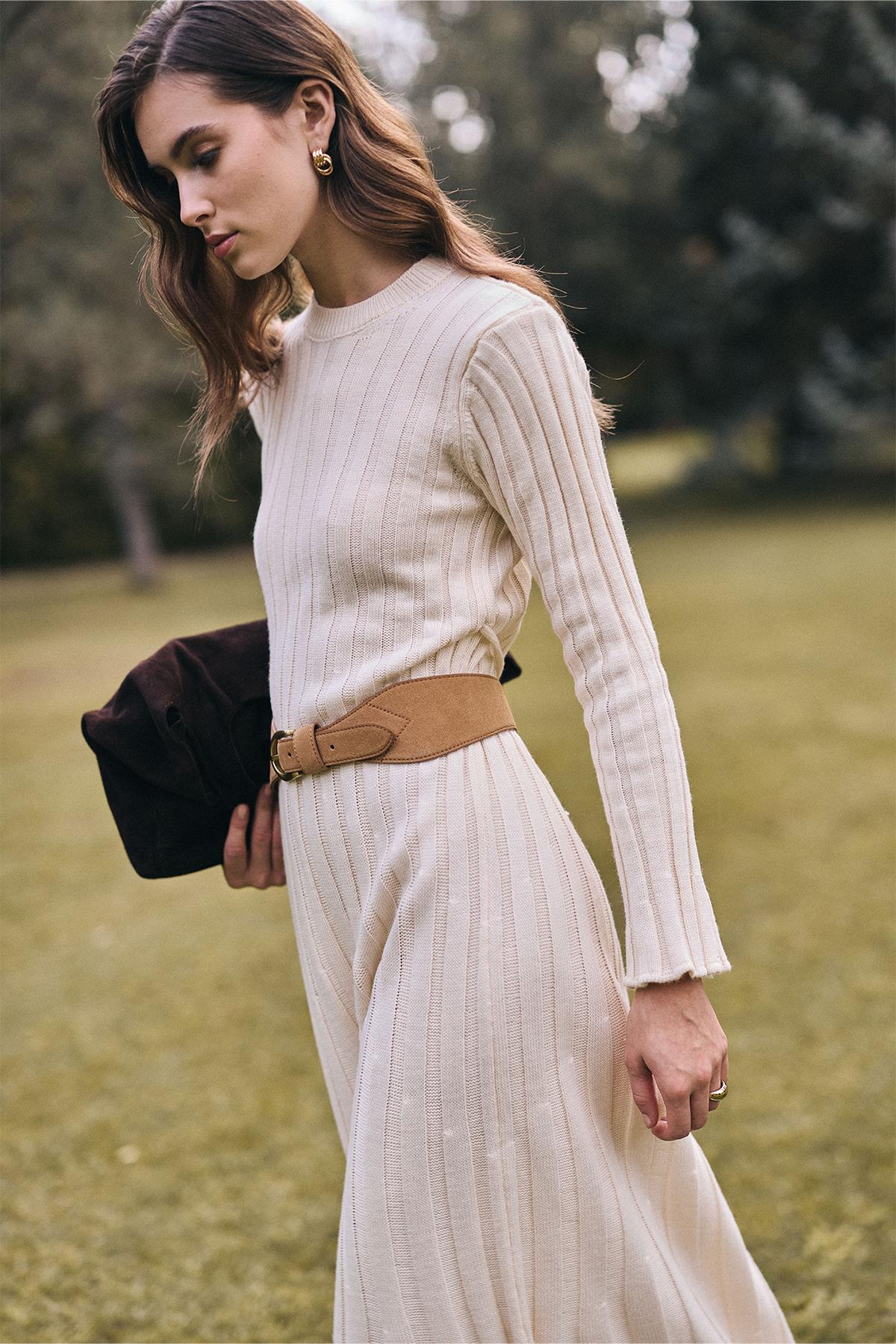 Crew Neck Thick Ribbed Long Knit Dress CREAM 9363-E