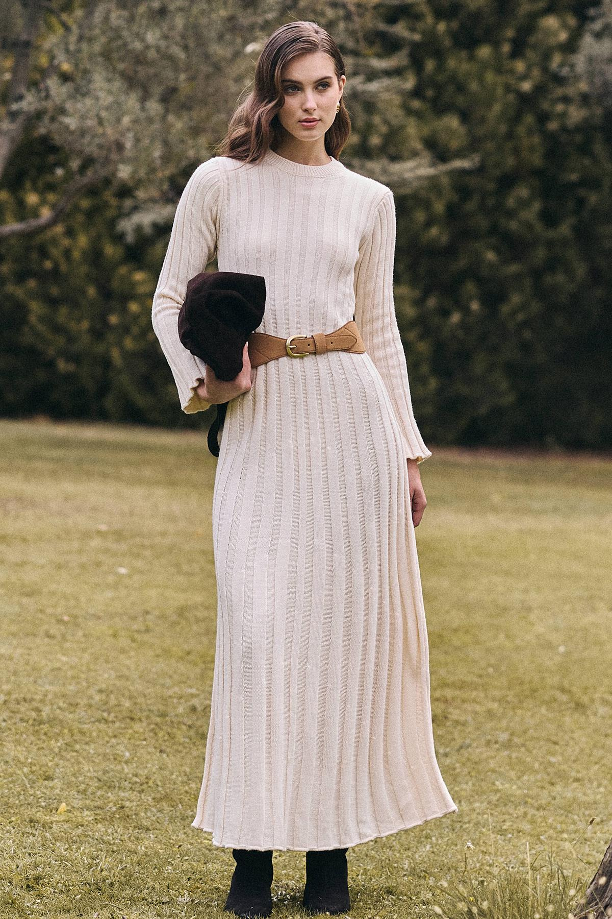 Crew Neck Thick Ribbed Long Knit Dress CREAM 9363-E