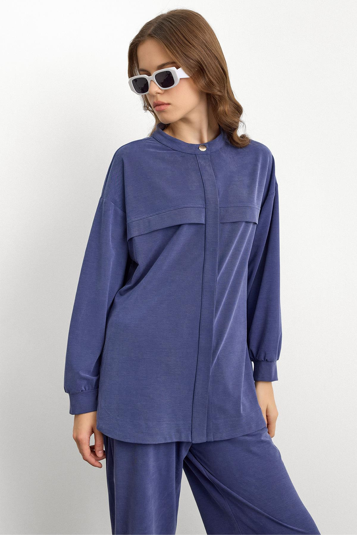 Bisiklet Yaka Önü Patlı Premium Sweat İkili Takım İNDİGO 9384-TK