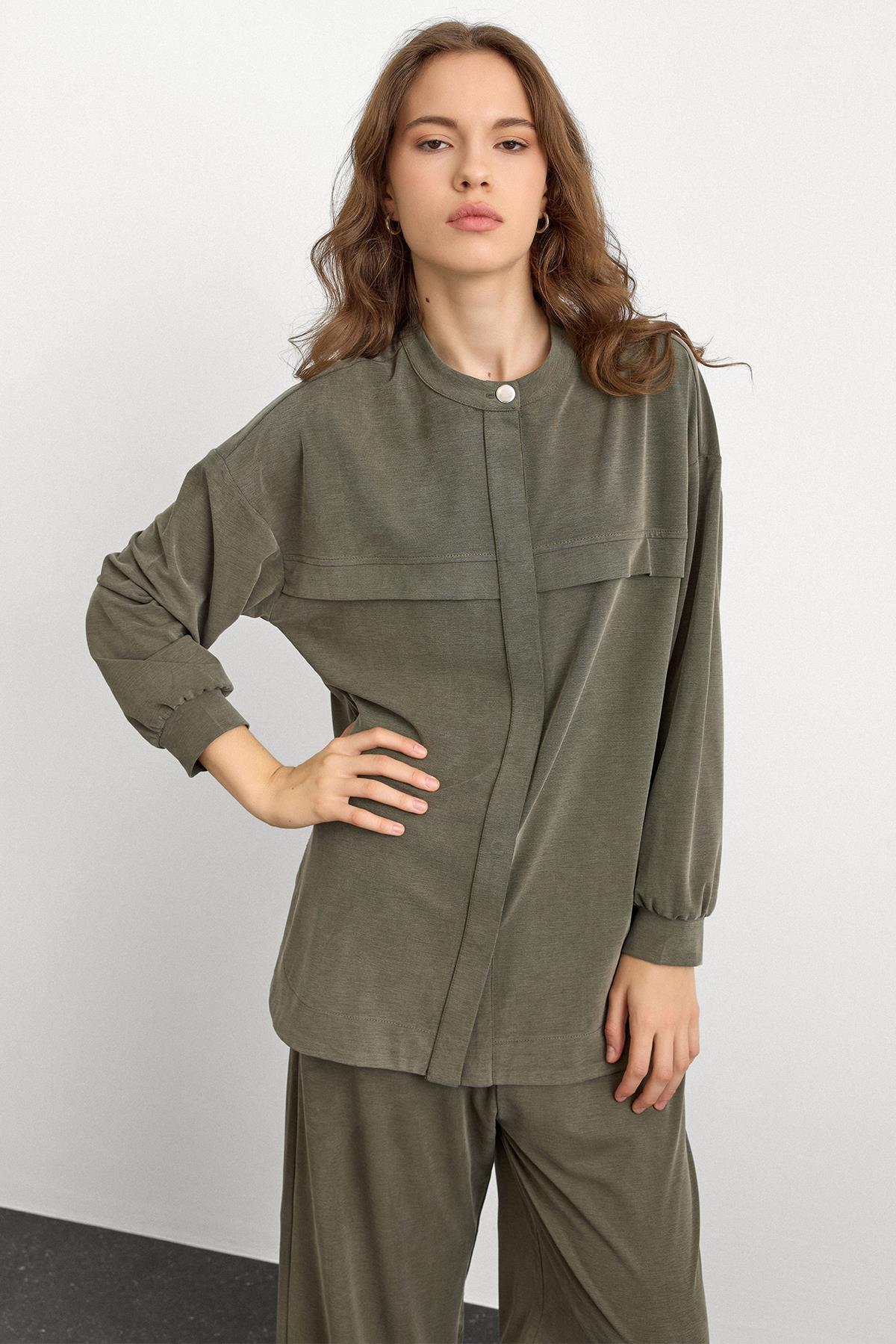 Bisiklet Yaka Önü Patlı Premium Sweat İkili Takım HAKİ 9384-TK