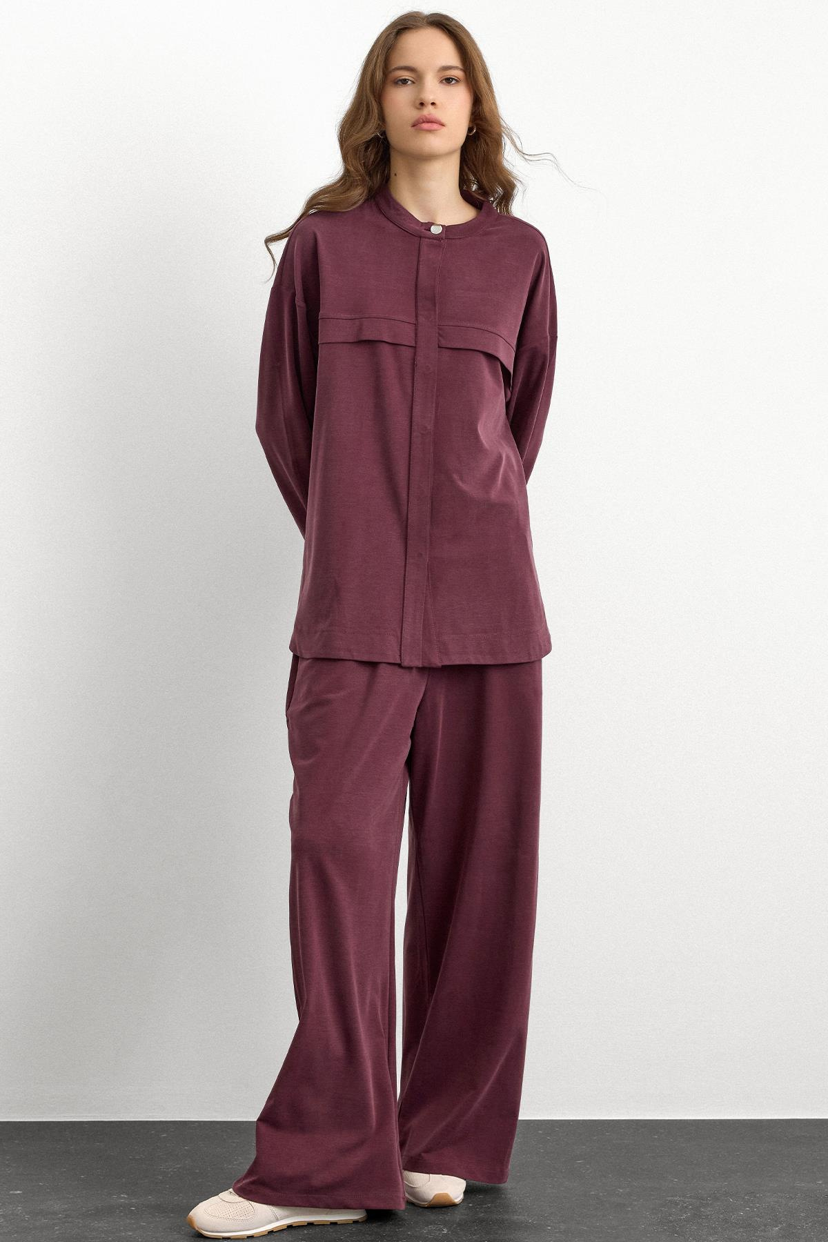 Bisiklet Yaka Önü Patlı Premium Sweat İkili Takım BORDO 9384-TK