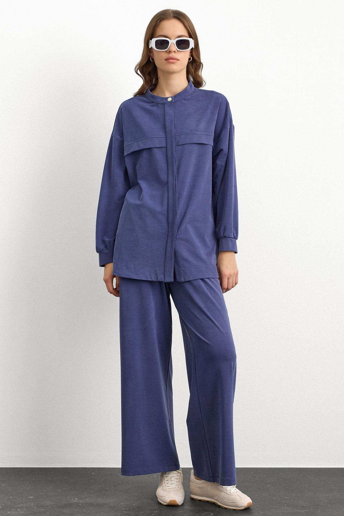 Bisiklet Yaka Önü Patlı Premium Sweat İkili Takım İNDİGO 9384-TK