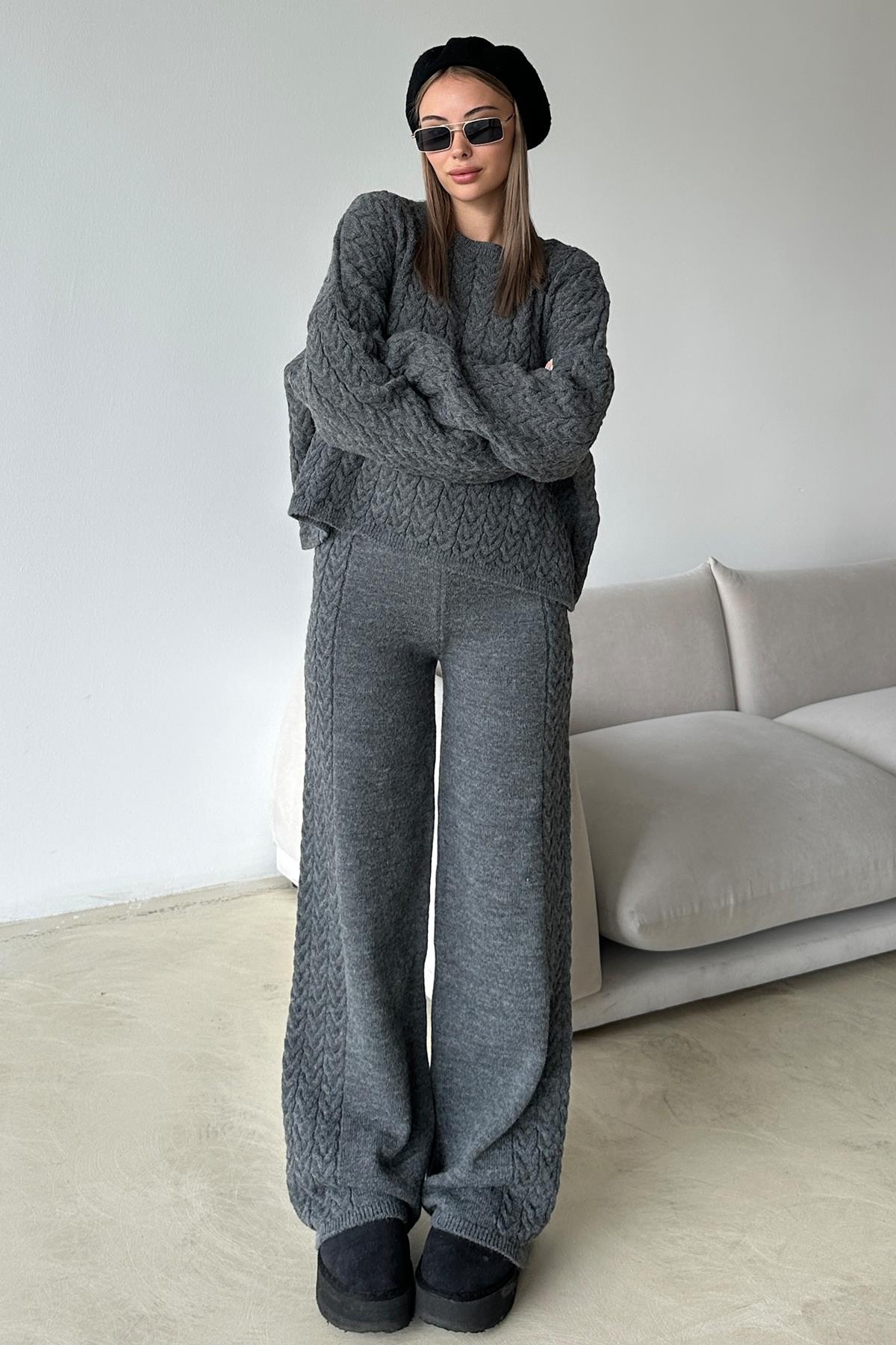 Crew Neck Hair Knit Sweater Suit HARD COAL 9369-TK