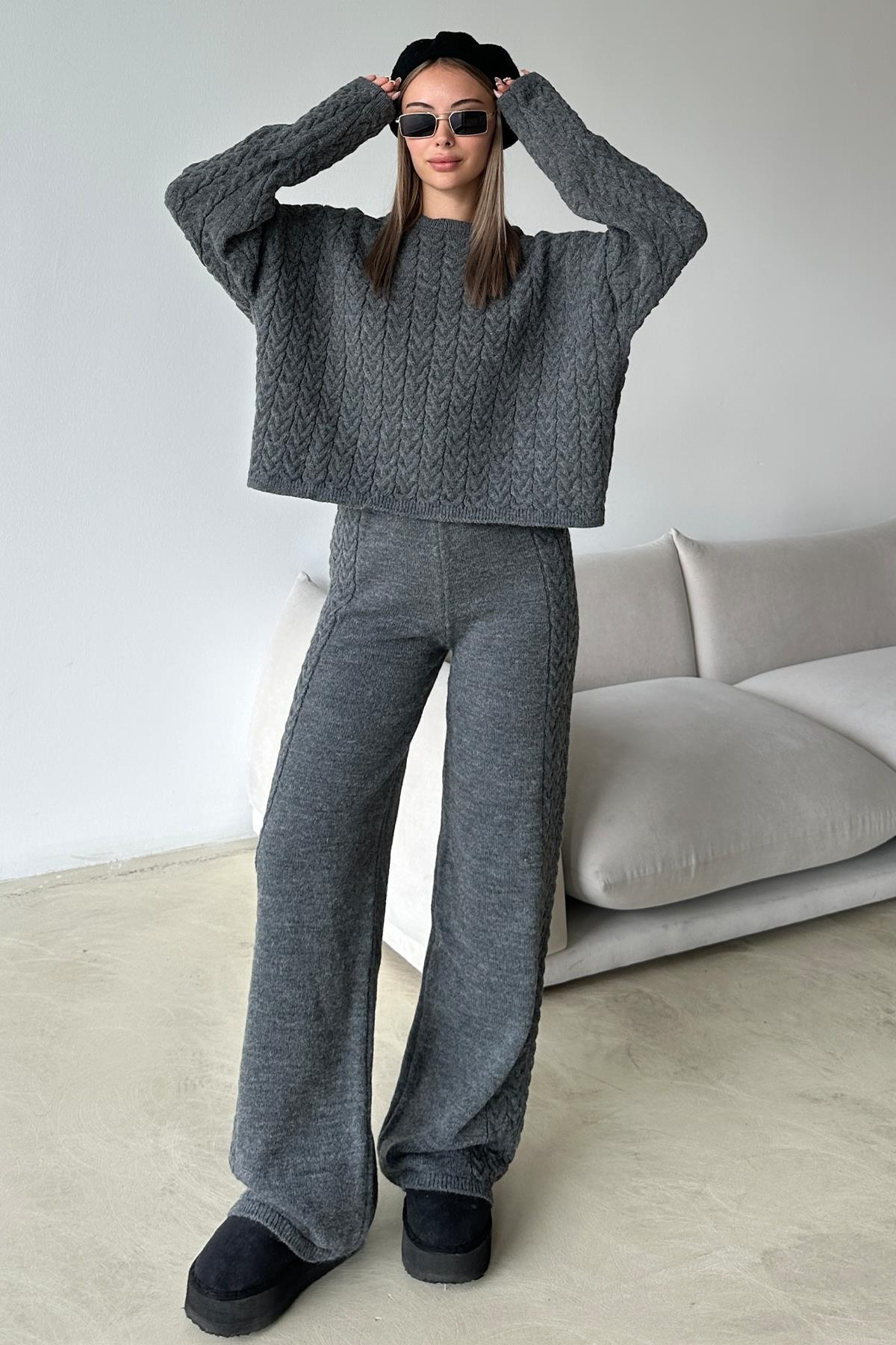 Crew Neck Hair Knit Sweater Suit HARD COAL 9369-TK